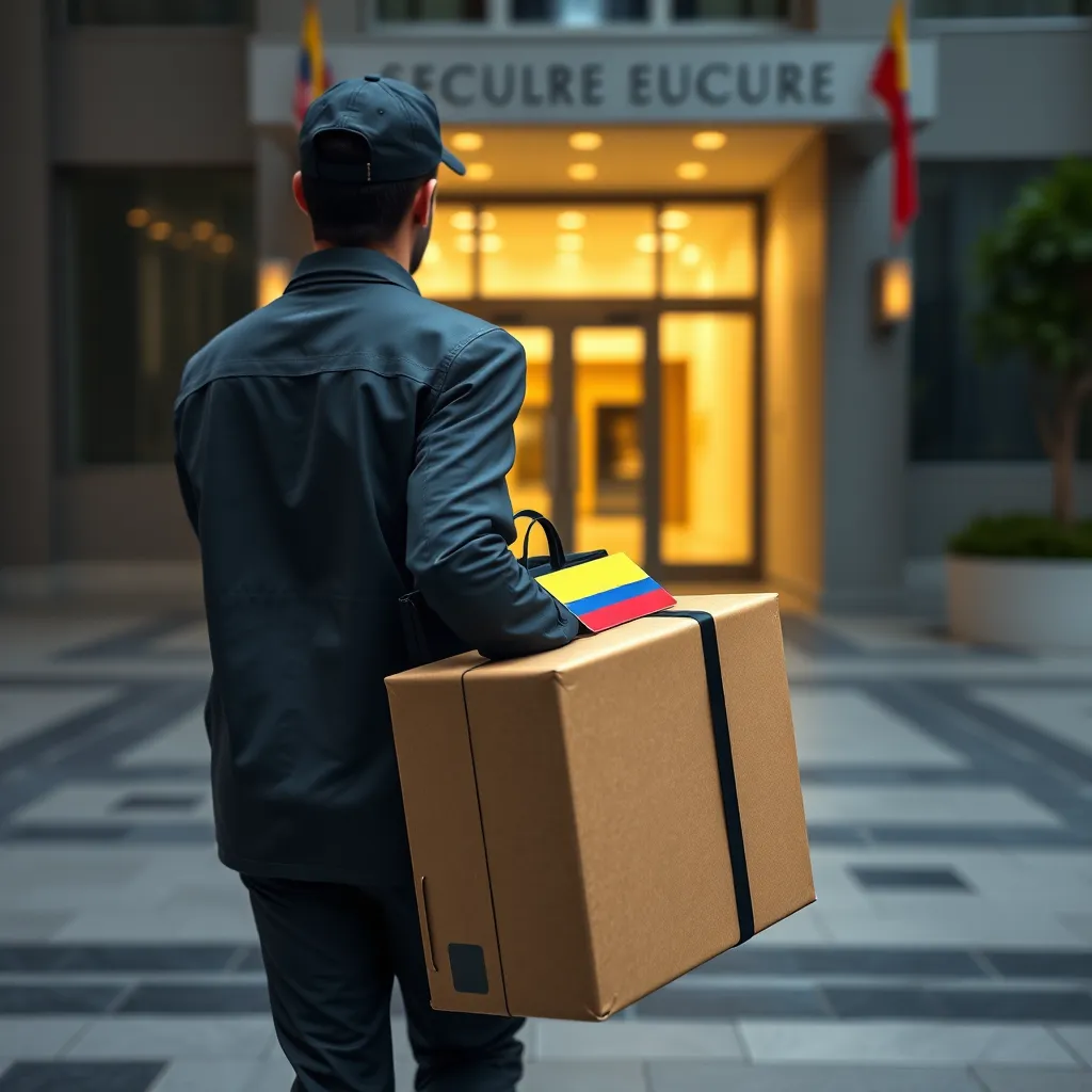 A photorealistic image of a secure courier service. The image should focus on a delivery person, wearing a uniform and carrying a secure package with a Colombian flag emblem. The person should be walking towards a building, which could be a government office or an embassy. The image should depict a sense of security, professionalism, and confidentiality.