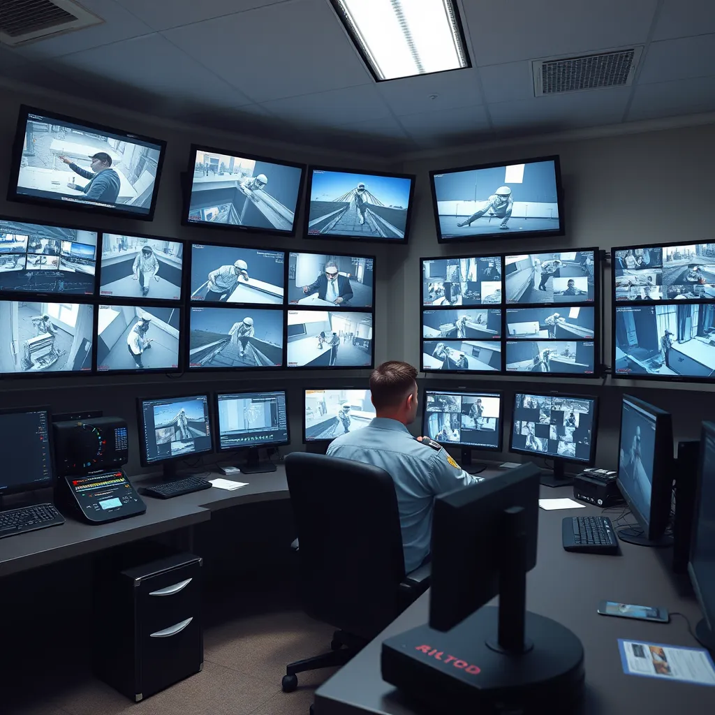 A photorealistic image of a security control room with multiple monitors displaying live footage from security cameras. A security guard is seated at a desk, monitoring the screens and responding to any alarms or suspicious activity.