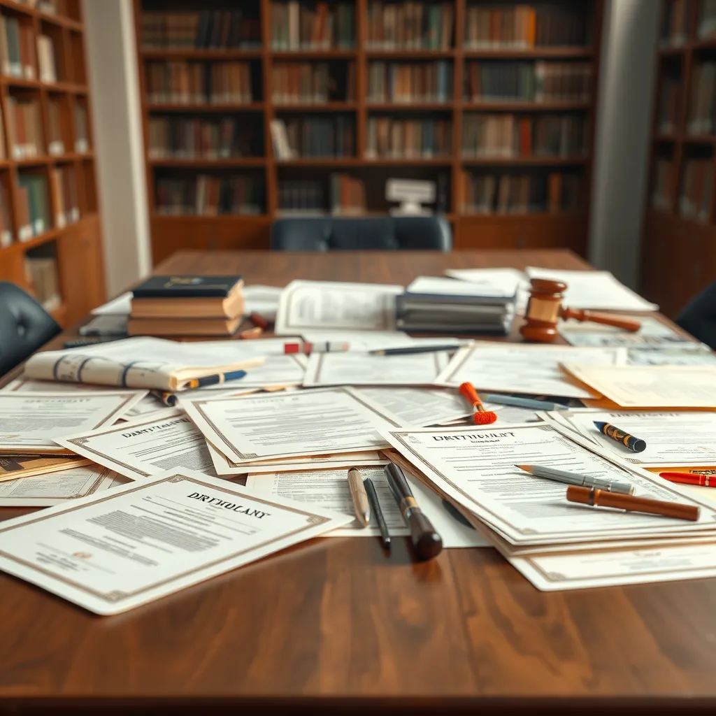 A photorealistic image of a table with a variety of documents spread out, including certificates, diplomas, and legal documents. The image should focus on the diversity and variety of documents that are often involved in legalizations and trámites. The background should be a neutral, professional setting, possibly a library or office.