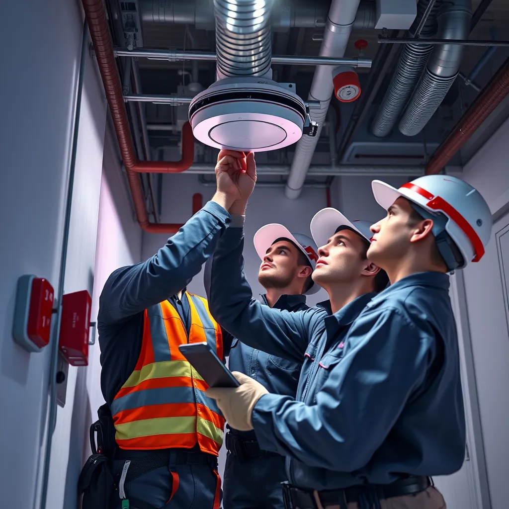 A photorealistic image of a team of technicians working on a fire alarm system in a building, with tools and equipment visible. The image should emphasize the professional and meticulous nature of the maintenance work.