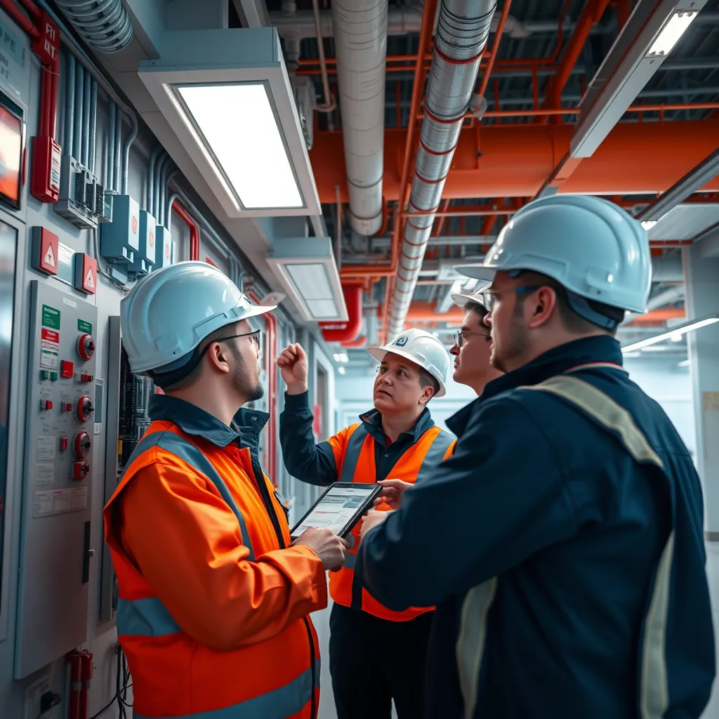 A photorealistic image of a team of technicians performing routine maintenance on a fire alarm system in a large building. They are carefully inspecting the panels, sensors, and wiring to ensure everything is operating correctly.