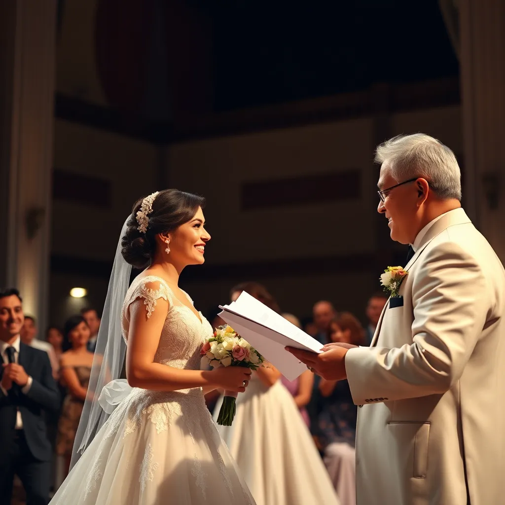 A photorealistic image of a wedding ceremony in progress, with the interpreter standing next to the officiant, translating vows and pronouncements in two different languages. The scene should depict a joyous and celebratory atmosphere with diverse guests present.