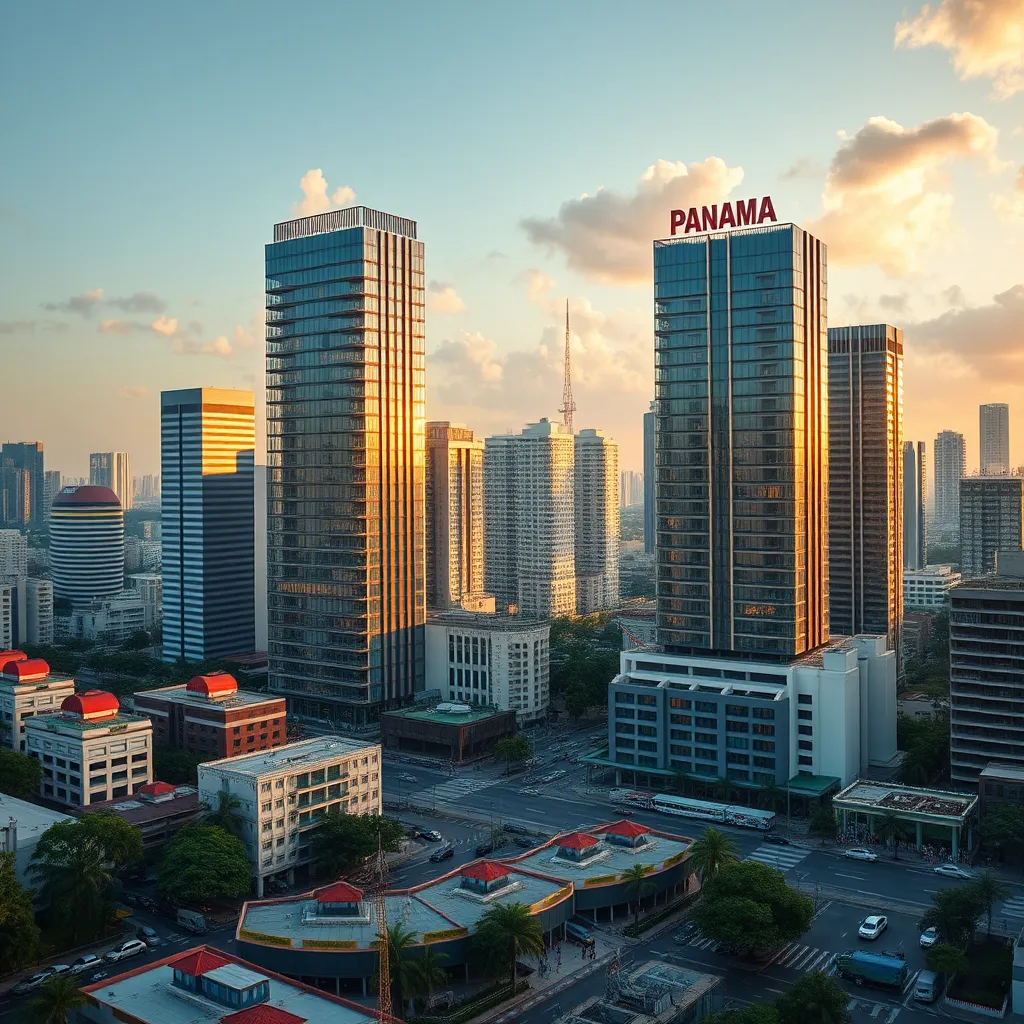 A photorealistic image showcasing a bustling cityscape of Panama City with modern buildings, including the Colón Free Zone and the Panama Pacifico Special Economic Zone. The image should depict diverse individuals working in these zones, representing different industries and investment opportunities.