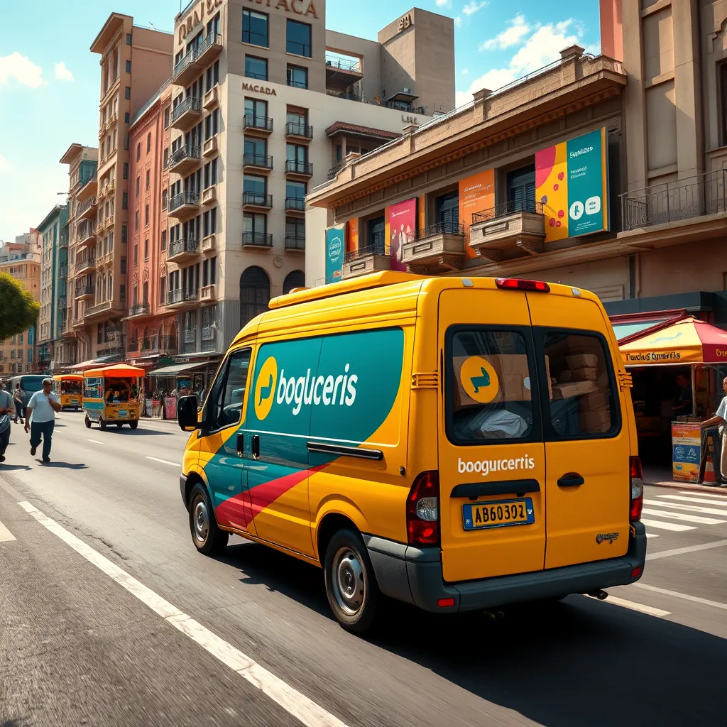 A photorealistic image showcasing a delivery van with the company logo prominently displayed, navigating through the busy streets of Bogotá. The van is filled with carefully organized packages, indicating the service's efficiency and reliability. The image should capture the vibrant energy of the city, with diverse architecture, bustling street life, and colorful street vendors. The van should be depicted against a clear, sunny sky, highlighting the company's commitment to on-time deliveries. The image should be in a high-resolution, 8K format, with a wide-angle lens to capture the dynamic environment. The color palette should be bright and cheerful, conveying the company's friendly and approachable nature.