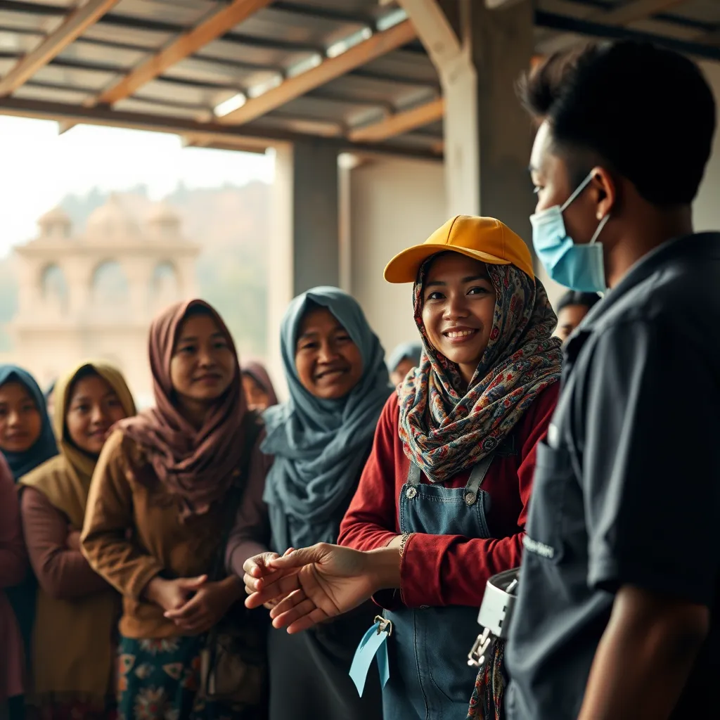 A photorealistic scene showing a group of migrant workers, diverse in appearance, receiving support from a legal aid organization representative. The image should convey a sense of hope, empowerment, and access to resources.