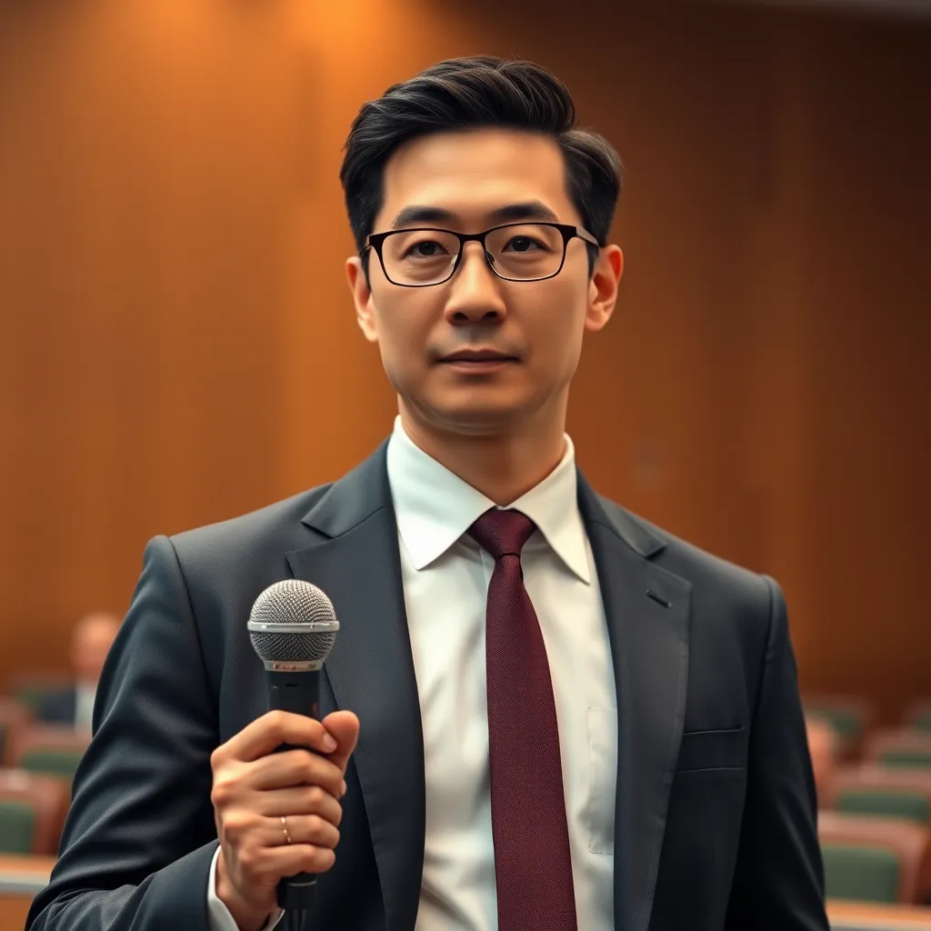 A portrait of a professional interpreter wearing a suit and standing confidently with a microphone in hand. They should have a serious expression on their face, representing their expertise and professionalism. The background could be a courtroom or a conference room, emphasizing the setting of their work.