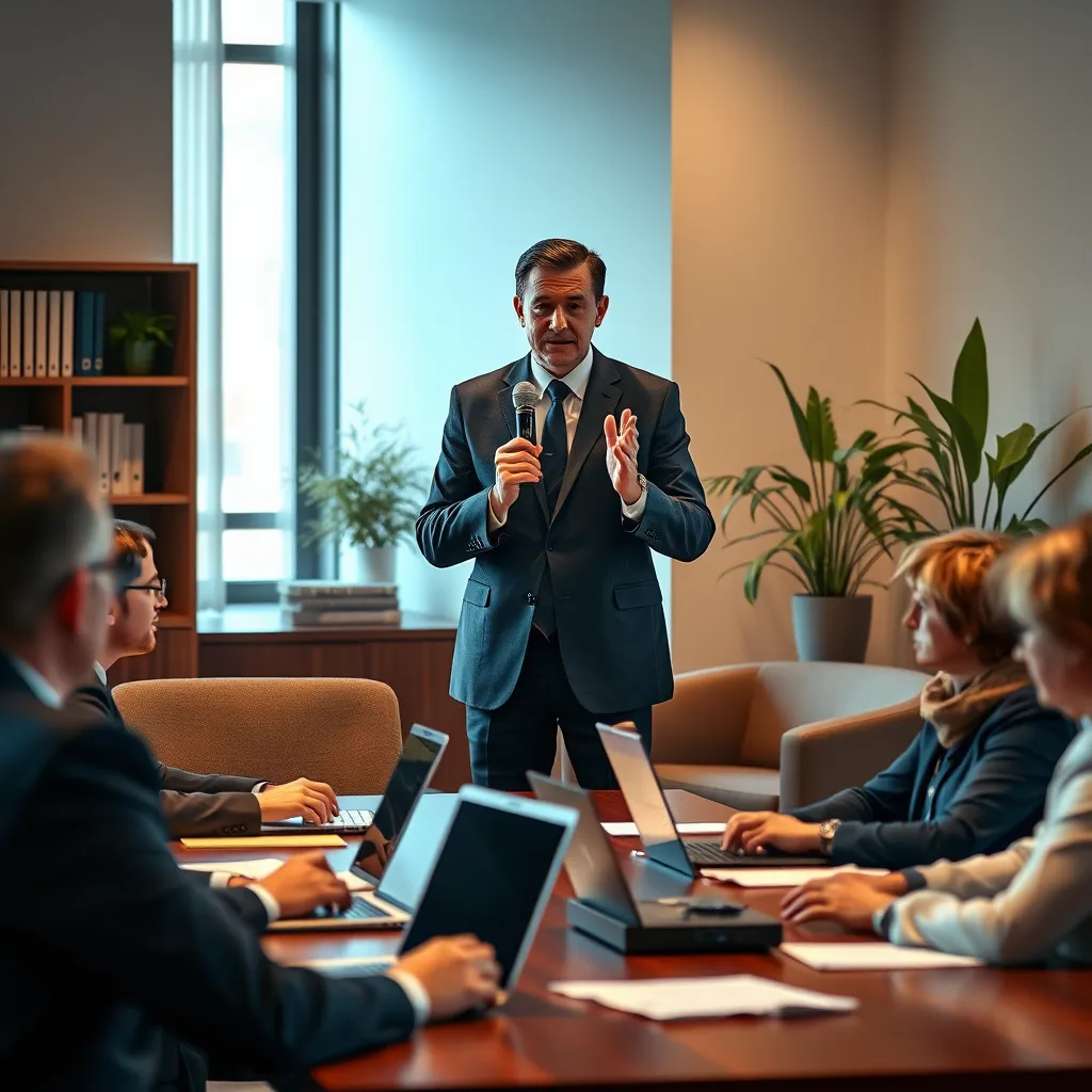 A professional interpreter, dressed in a business suit, standing in a conference room with a microphone. They are interpreting for a group of people seated at a table, with documents and laptops in front of them. The lighting is soft and warm, with natural light coming in from a window. The camera angle is slightly elevated, looking down at the scene. The image should be hyperrealistic and detailed, with realistic textures on the clothing, skin, and furniture. The background should be a neutral, office-like setting with a bookshelf and potted plants. The style should be reminiscent of a professional corporate portrait.