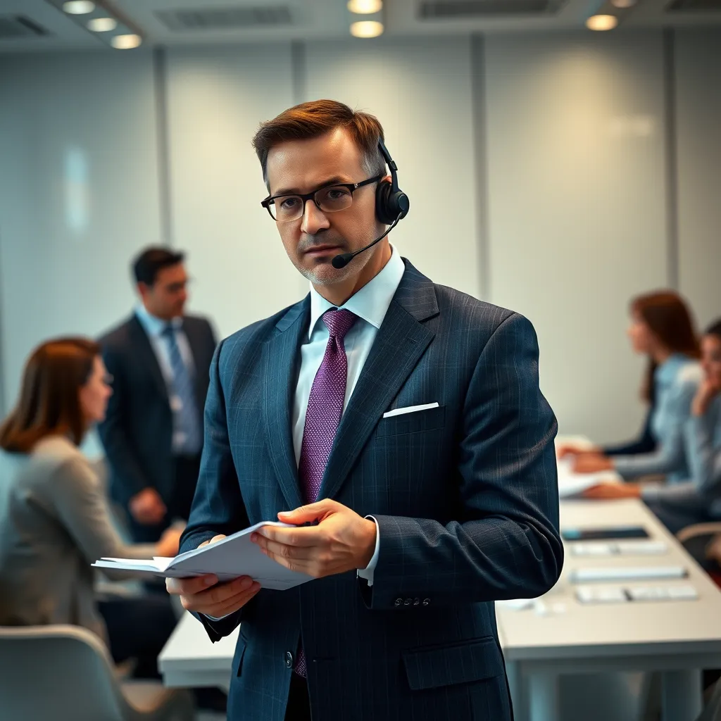 A professional interpreter wearing a suit and a headset, standing in a conference room with a group of people around a table, taking notes and translating what is being said in a serious and focused manner. The scene should be bright and professional, showcasing the interpreter's expertise and the importance of accurate communication.