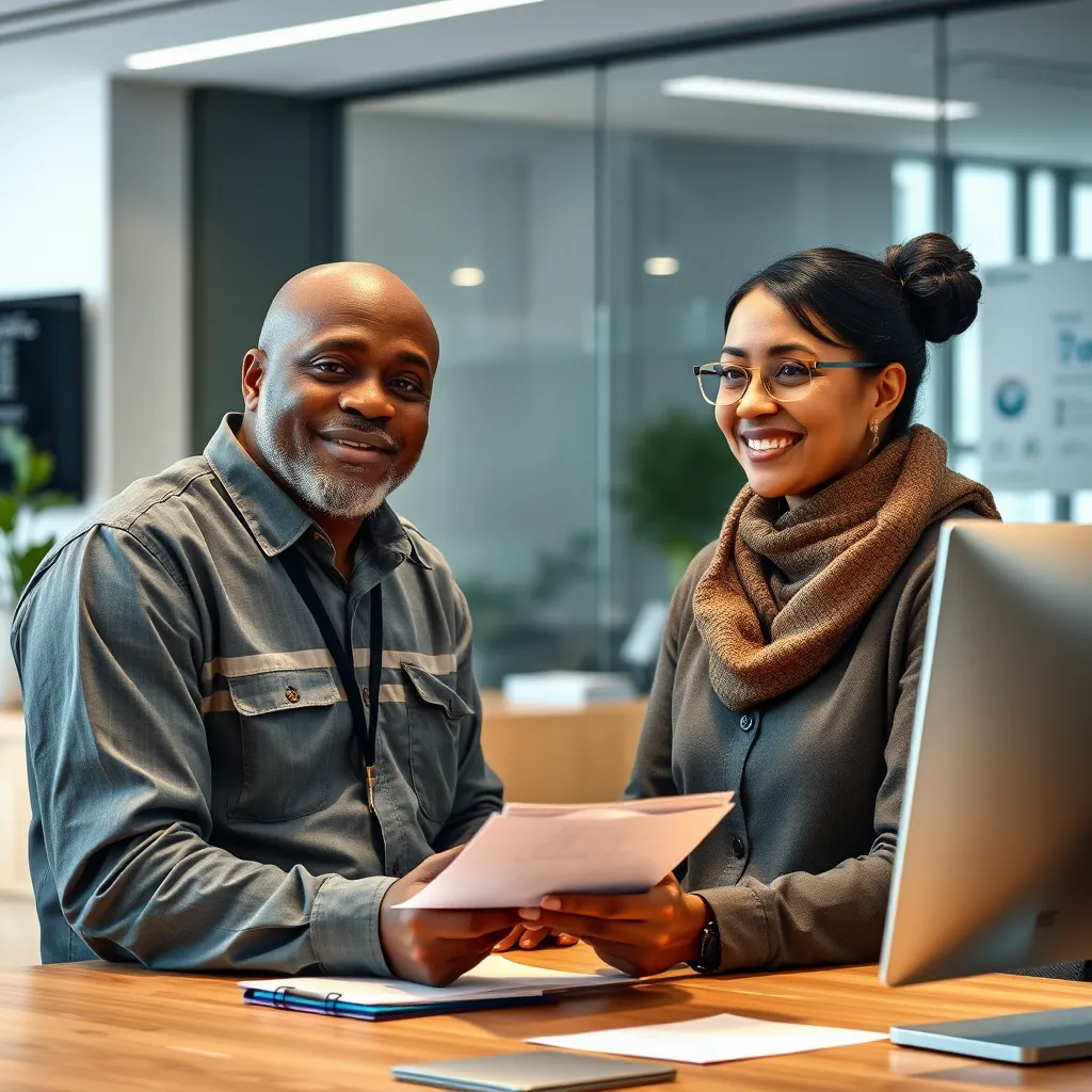 A professional portrait of a migrant worker interacting with a friendly Mitradel official in a modern office setting, with paperwork and a computer screen visible. The scene should convey a sense of efficient process and welcoming environment.