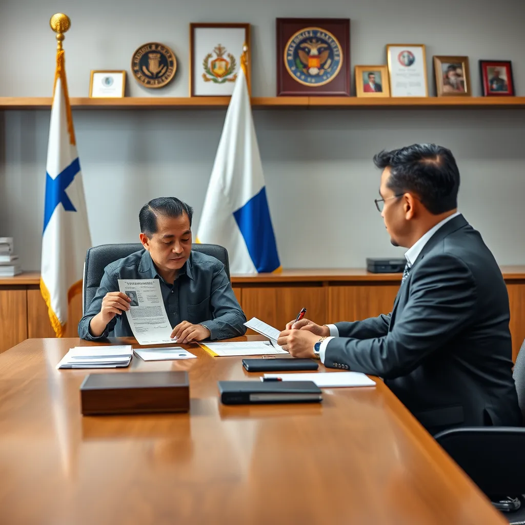 A table with a person sitting across from a government official. The person is presenting a passport, a birth certificate, and other documents. The official is looking at the documents and taking notes. In the background, there's a Panamanian flag and a shelf with official seals and stamps.