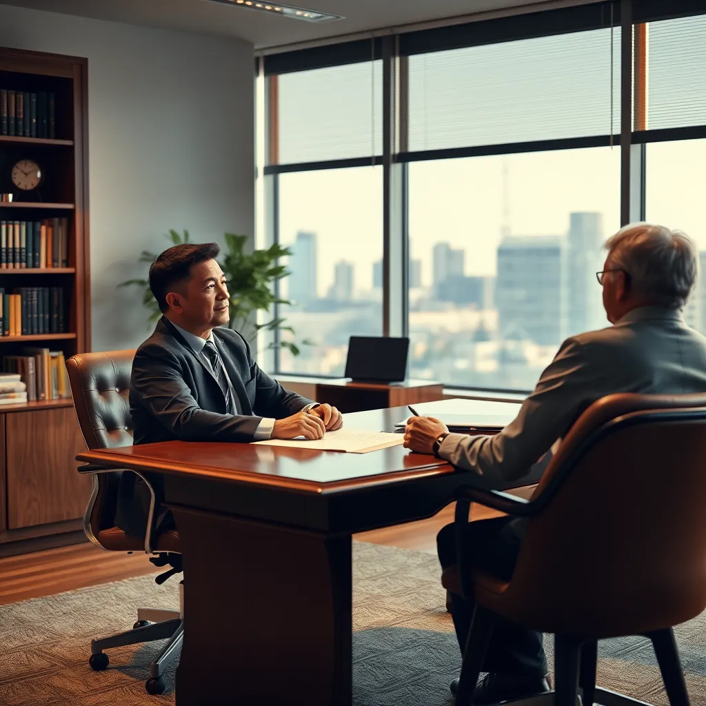 A warm, inviting office setting with soft diffused lighting. A lawyer, dressed professionally in a suit, sits at a mahogany desk with a stack of legal documents. An older client, 70s, sits across from the lawyer, engaged in a conversation. The focus should be on their interaction, highlighting a sense of trust and understanding. The background should be a well-lit, modern office with bookshelves and a view of a city skyline. Render in 8K resolution with photorealistic detail.