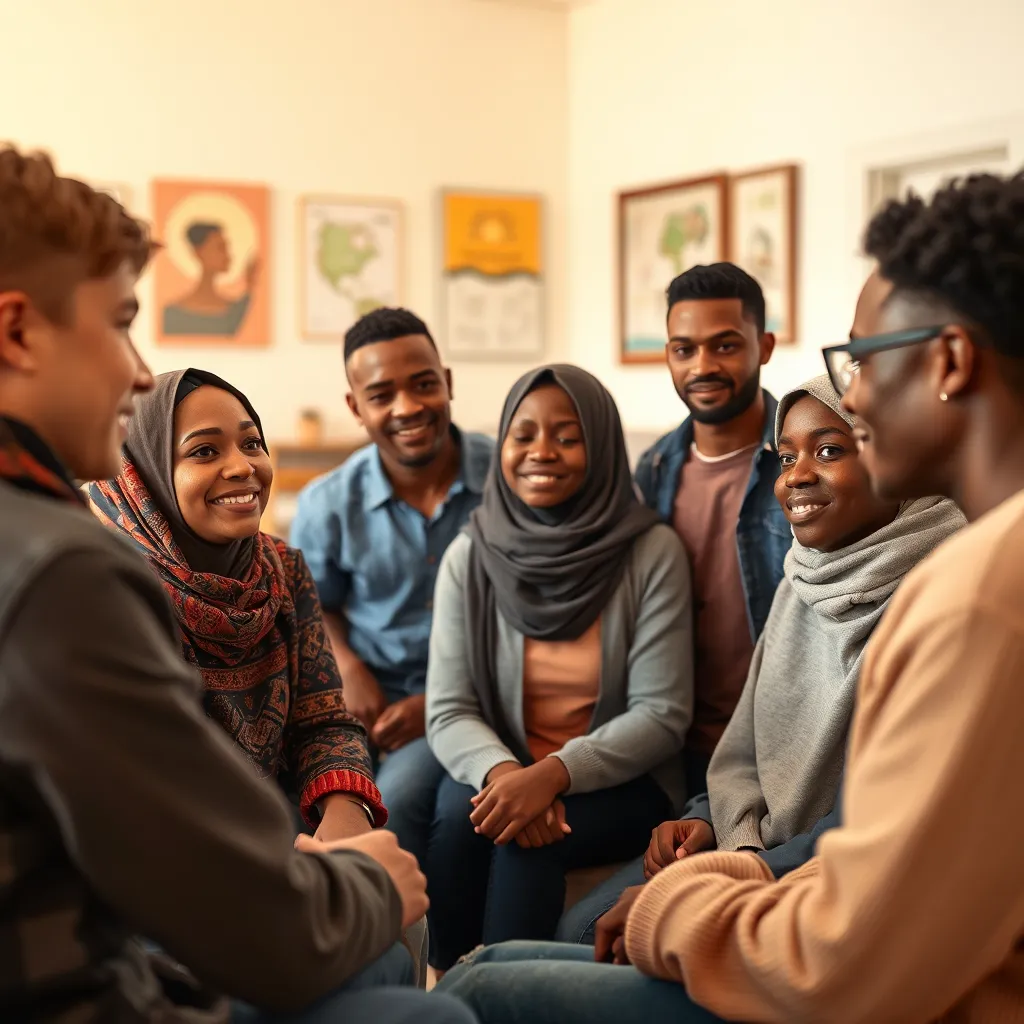 A warm, welcoming image showcasing a group of diverse individuals, representing migrants from different countries, gathering at a community center.  The scene should portray a sense of hope and opportunity, with a focus on the positive impact of the Temporary Protection Permit on their lives. The image should include a friendly, approachable advisor from Universal Services, offering guidance and support to the migrants.  The advisor should be dressed in a casual and approachable manner, creating a sense of trust and connection with the individuals.  The community center should be a bright and welcoming space with comfortable seating, natural light, and positive wall art.  The image should use a warm color palette, conveying a sense of warmth, compassion, and community.  The lighting should be soft and diffused, creating a natural and intimate atmosphere.  8K resolution, realistic, ultra-detailed, soft lighting, shallow depth of field.