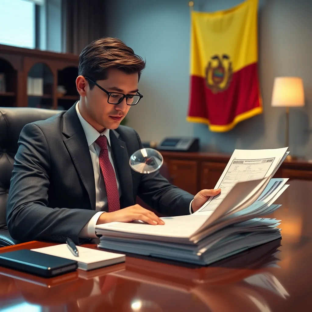 An image depicting a professional legal assistant in a formal suit, seated at a polished mahogany desk in a well-lit office. The assistant is meticulously reviewing a stack of important documents, including passports and certificates, with a magnifying glass. There's a large Colombian flag prominently displayed in the background, symbolizing the service's focus on international legal procedures. The image should convey a sense of professionalism, accuracy, and detail-oriented work. The lighting should be soft and diffused, with a warm color temperature that creates a comfortable and inviting atmosphere. The image should be in a high-resolution, 8K format, capturing the fine details of the documents and the textures of the office environment.