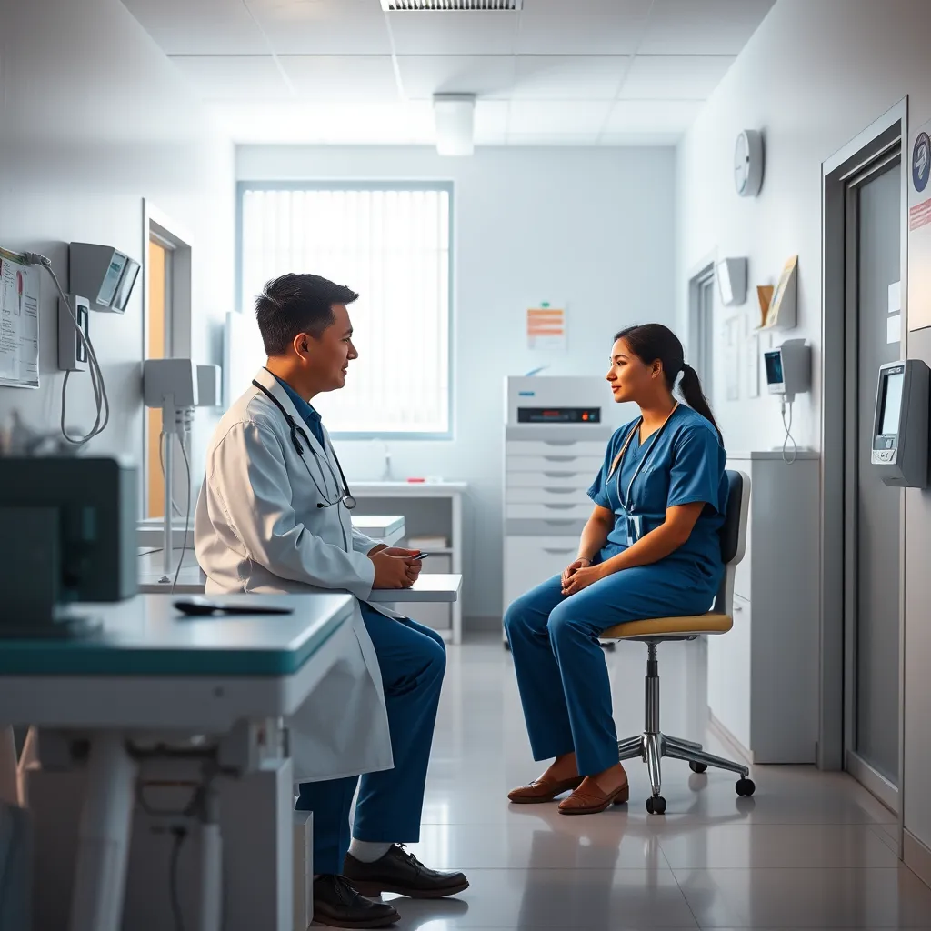 An image of a bright and welcoming clinic in Panama. The focus should be on the medical equipment used in primary care settings, such as examination tables, digital thermometers, and basic diagnostic tools. Show a doctor or nurse interacting with a patient in a warm and comfortable environment, highlighting the accessibility of primary care services.
