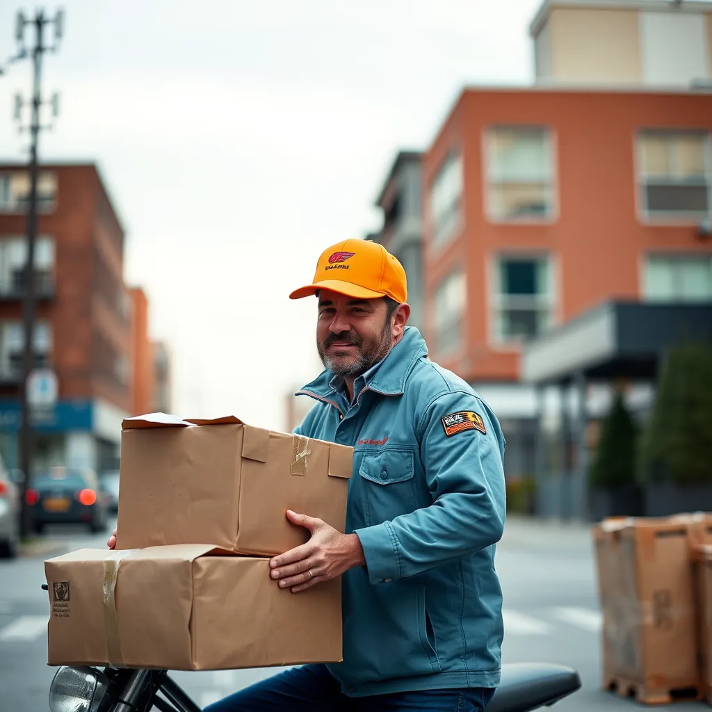 A photorealistic image of a delivery person in a uniform, holding a sealed package with a tracking device attached to it, walking towards a building with a professional-looking business entrance. The image should emphasize security and professionalism.