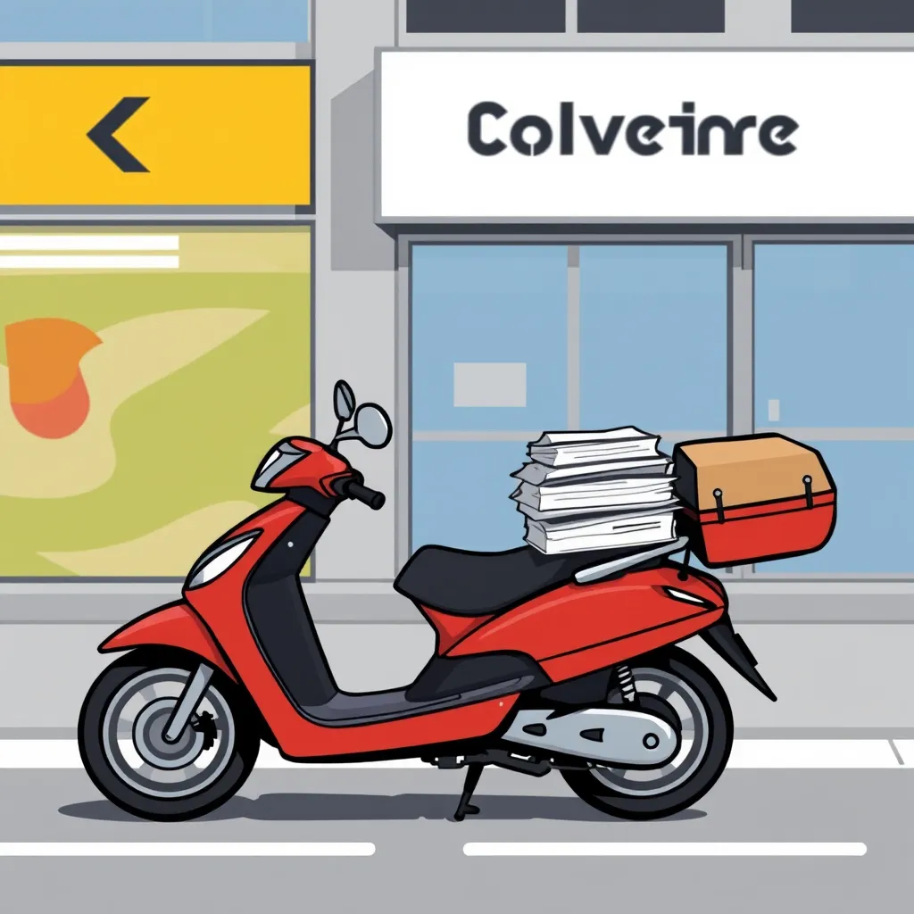 A courier driver on a motorcycle, wearing a helmet, holding a package with a label that says 'Documentos importantes' in a busy street of Bogotá, Colombia. The image should be bright and vibrant, showing the fast-paced nature of the city. 