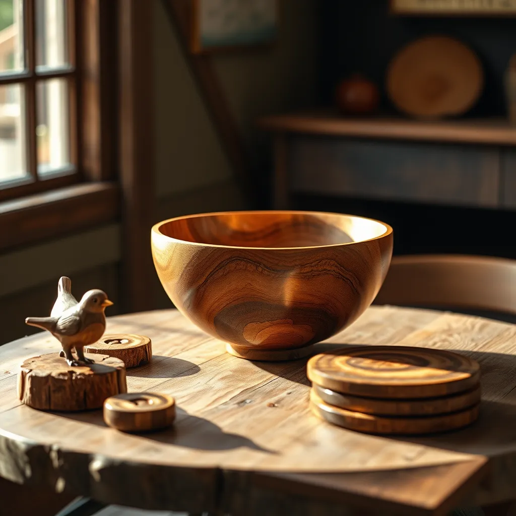 Create a photorealistic, ultra-high quality image for a recycled timber gifts business called 'The Timber Reclaimers'. The image should feature a close-up of a handcrafted wooden bowl, crafted from reclaimed New Zealand native timber, such as rimu or kauri. The bowl should be beautifully finished and display the unique grain patterns of the wood. It should be positioned on a rustic wooden table, surrounded by other handcrafted items made from recycled timber, such as a small wooden bird sculpture and a set of wooden coasters. The lighting should be warm and inviting, with natural light streaming in from a nearby window, casting subtle shadows on the objects. The color palette should be earthy and natural, with warm browns, rich greens, and subtle hints of gold. The image should have a vintage, handcrafted feel, with a focus on the textures and details of the wood. The camera angle should be slightly elevated, giving a close-up view of the bowl and its surrounding objects. The image should be rendered in 8K resolution with hyperrealistic details and textures, capturing the beauty and sustainability of reclaimed timber., ultra high resolution, photorealistic, 8K, hyperdetailed, cinematic lighting