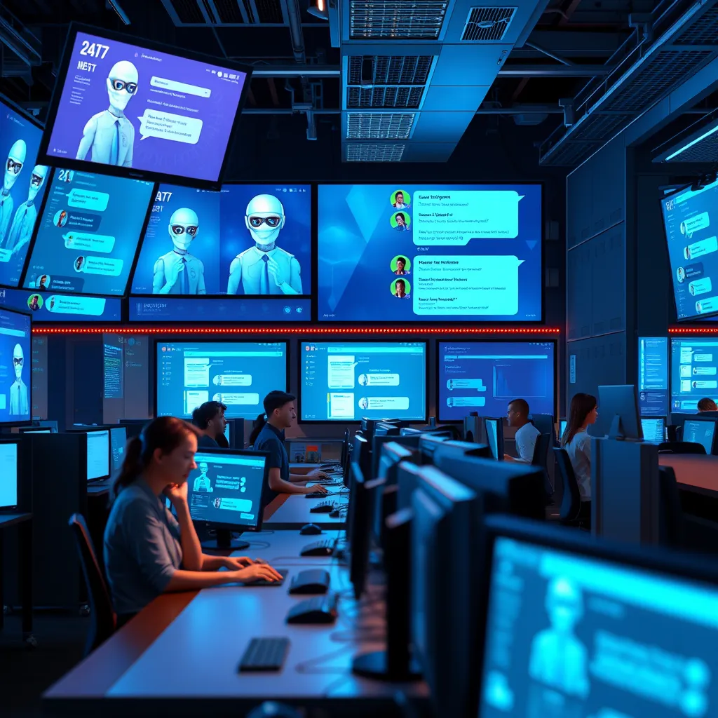 A 24/7 customer service center with multiple digital displays showing various chatbots assisting customers. Imagine a futuristic environment with glowing screens, chat interfaces, and an energetic, diverse team working efficiently at their computers.
