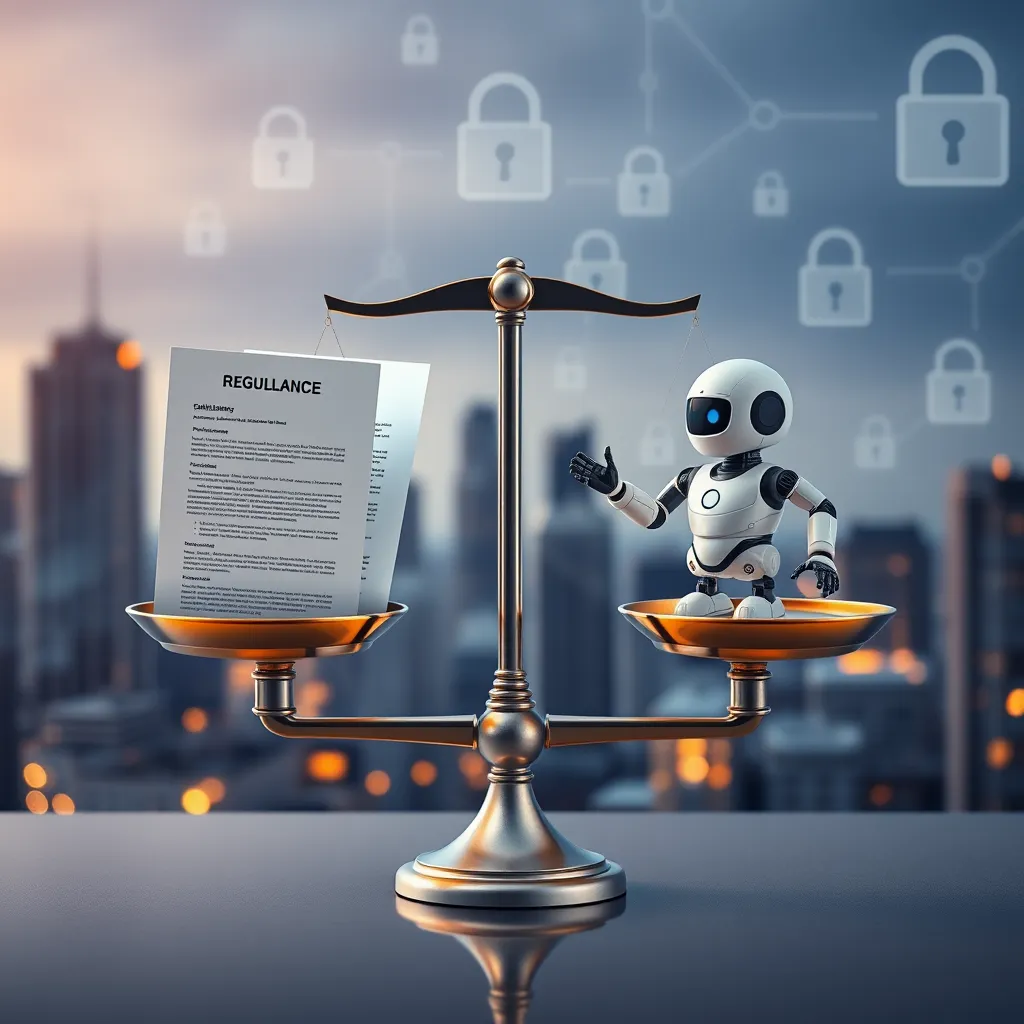 A balance scale representing legal compliance, with regulatory documents and a chatbot on either side. Set against a backdrop of a cityscape with data protection symbols like locks and shields, conveying the importance of regulatory adherence.