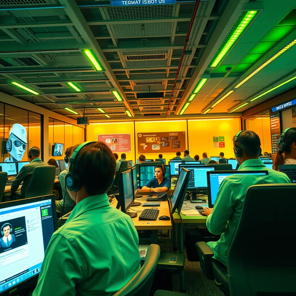 A busy customer support center with agents interacting with chatbots on multiple screens. Bright, vibrant lighting fills the room, highlighting the technology. The color palette features energetic yellows and greens. The perspective is eye-level, capturing agents in action, with various tech devices like headsets, monitors showing chatbot interfaces, and people communicating with clients. Rich textures of ergonomic office furniture and shiny screens resonate in a modern corporate environment. Ambient elements include soundproofing panels and team collaboration boards. The scene is energetic and productive, inspired by the style of candid workplace photography. Created in 8K resolution, hyperrealistic.