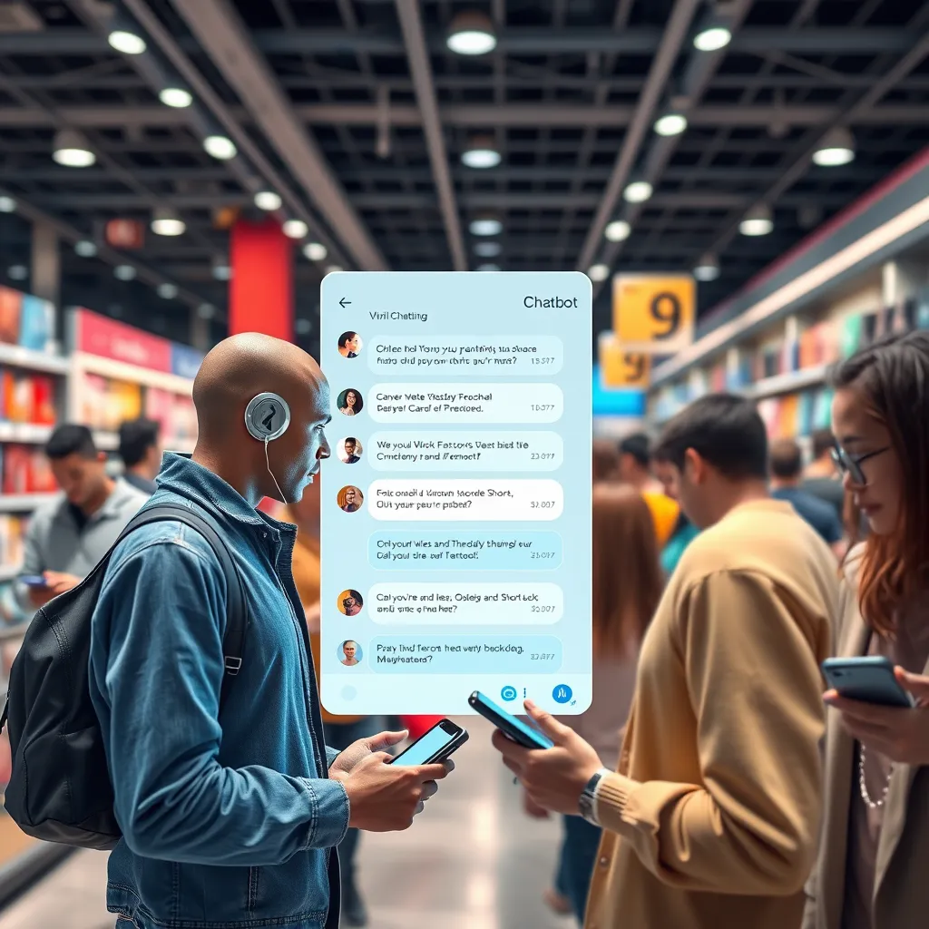 A busy virtual store environment where a friendly chatbot interacts with customers in a digital chat window. Include various shoppers exploring products on their devices, with visible chat bubbles showing engaging conversations. Use a vibrant color palette to highlight excitement and activity.