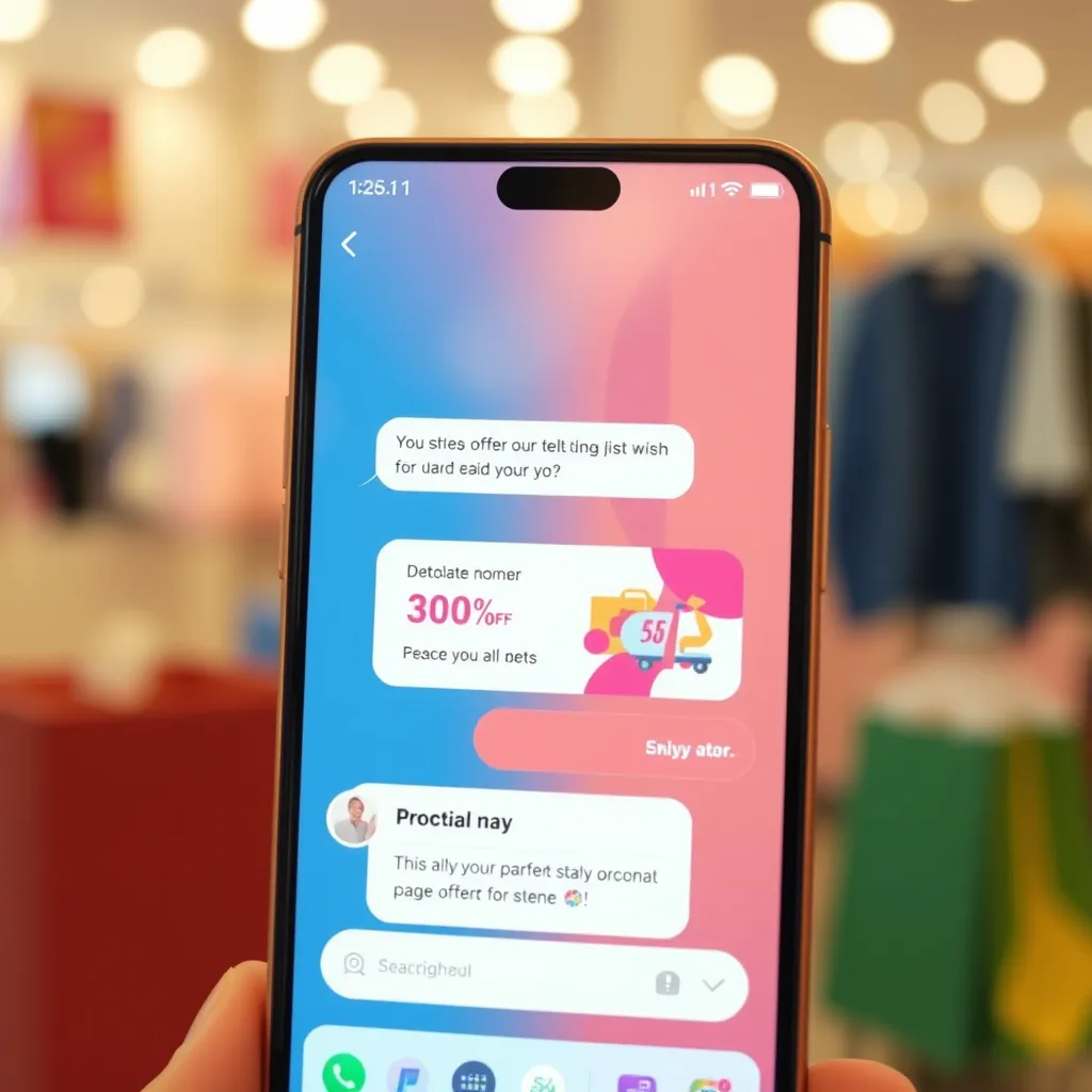 A chatbot window on a mobile app presenting special offers to a user, with a vibrant graphic display of discounts and promotions. In the background, out-of-focus shopping items hint at the e-commerce context while maintaining a lively atmosphere.