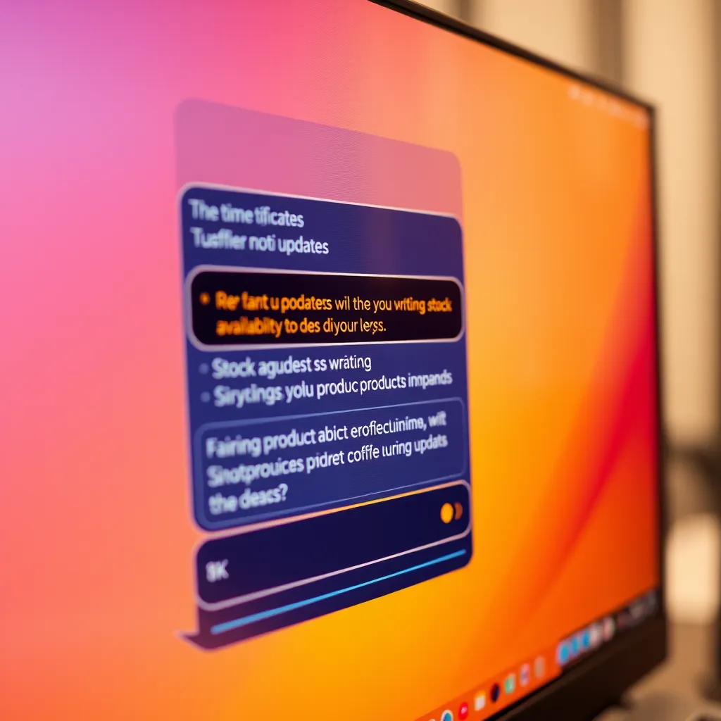 A close-up of a computer screen showing a chatbot window with real-time notifications about product updates, including stock availability and pricing changes. The chat interface should look interactive, showcasing a dynamic conversation. Use vibrant colors to draw attention.