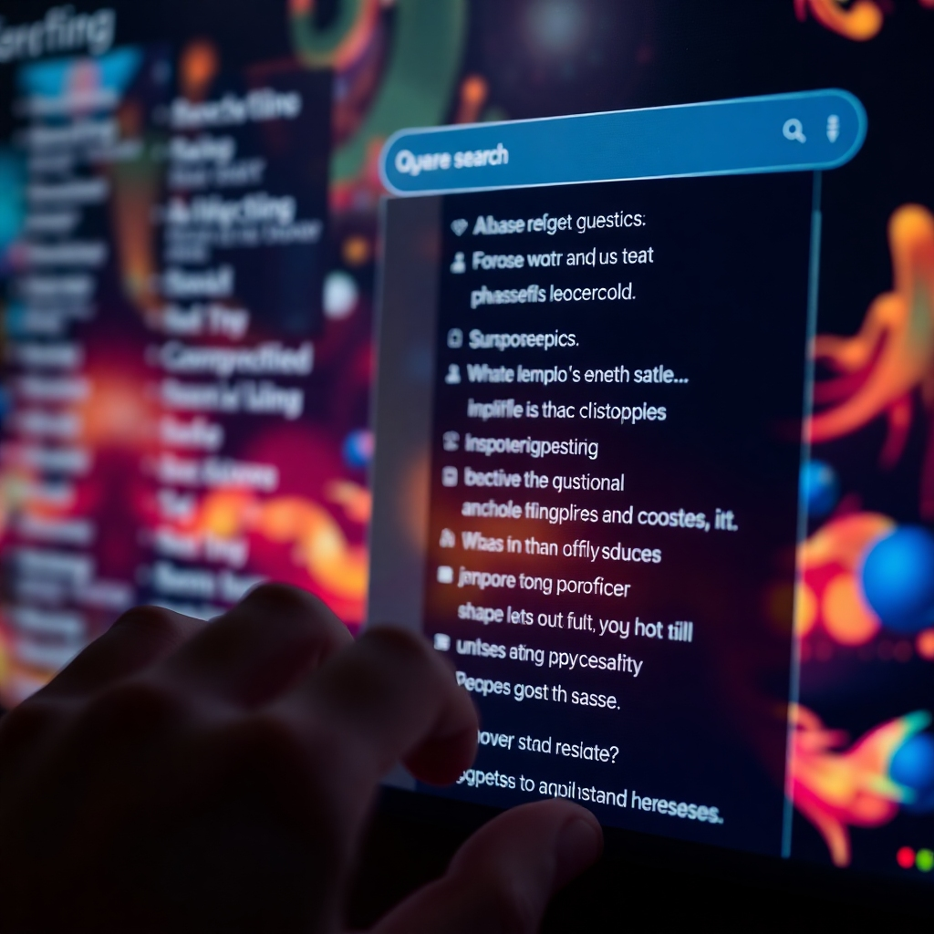 A close-up of a person typing a question into a search engine. The screen shows a variety of related questions in a dropdown menu, with vibrant visuals depicting user engagement and a sense of discovery.