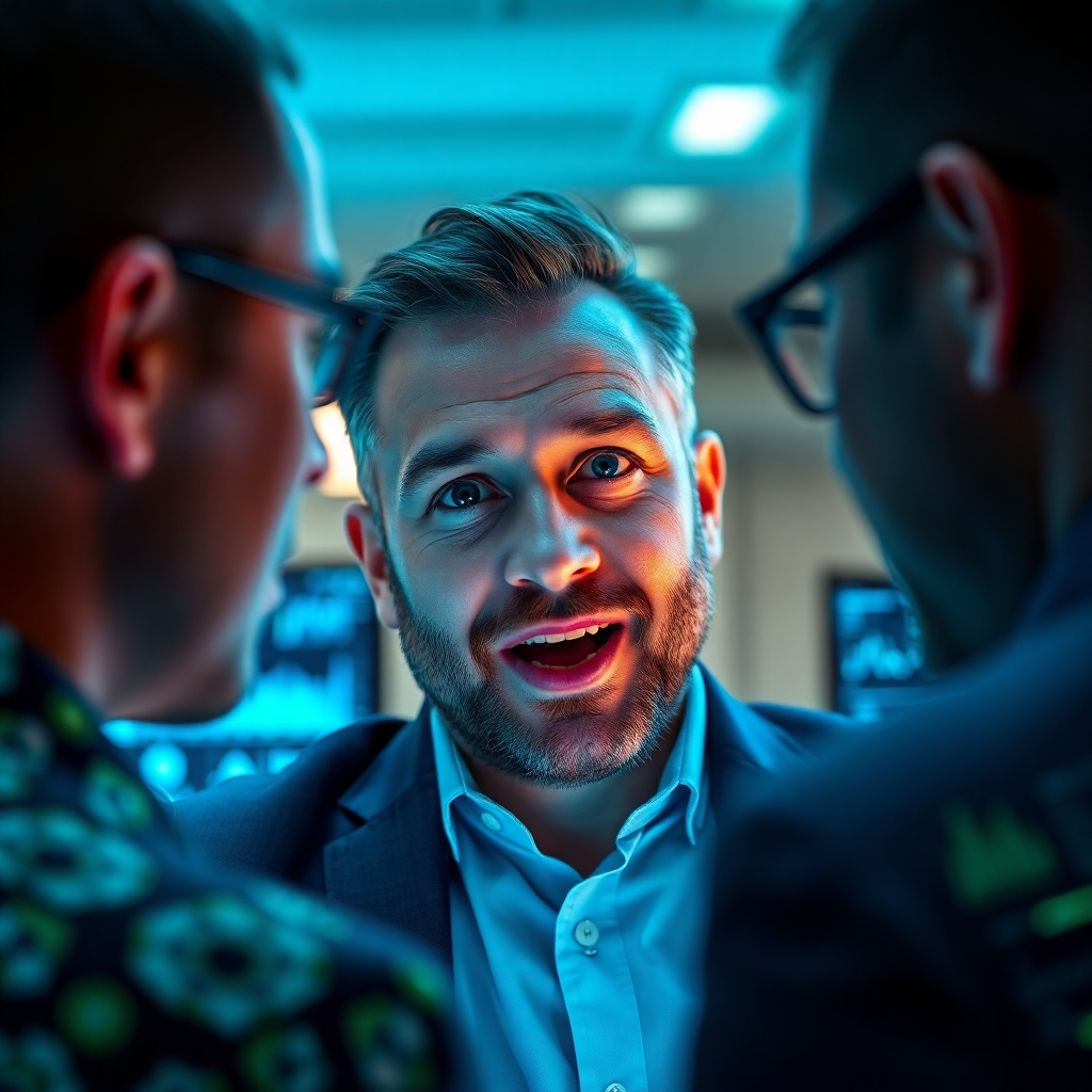 A professional setting where clients are engaged with AI-powered communication tools. The image should capture dynamic interactions with virtual assistants providing responses on screen. The lighting should be bright and inviting, with colors that represent innovation such as purples and blues. Every detail should be hyperrealistic, showing expressions on faces, clear screen displays, and the integration of AI into everyday business tasks.
