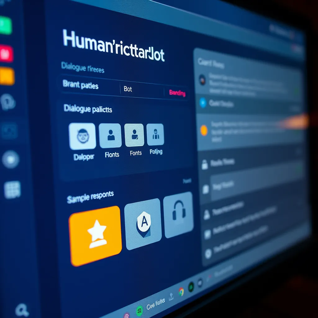 A close-up view of a computer screen displaying a Humanchatbot customization interface, featuring dialogue trees and branding options. Include elements like color palettes, fonts, and sample bot responses, conveying creativity and branding.