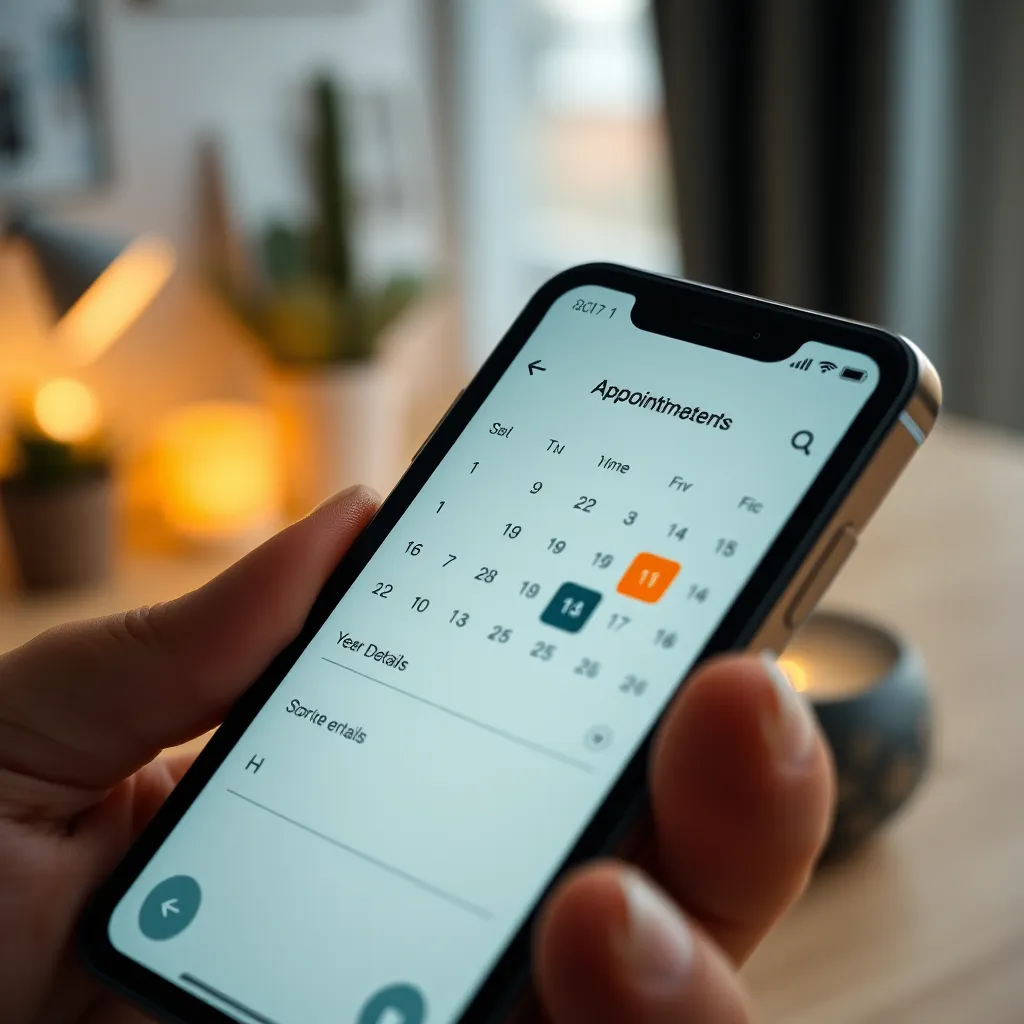 A close-up view of a user-friendly appointment scheduling interface on a smartphone screen. The screen displays a calendar with selectable dates and time slots highlighted, along with fields for user details like name and email. The background shows a cozy workspace.