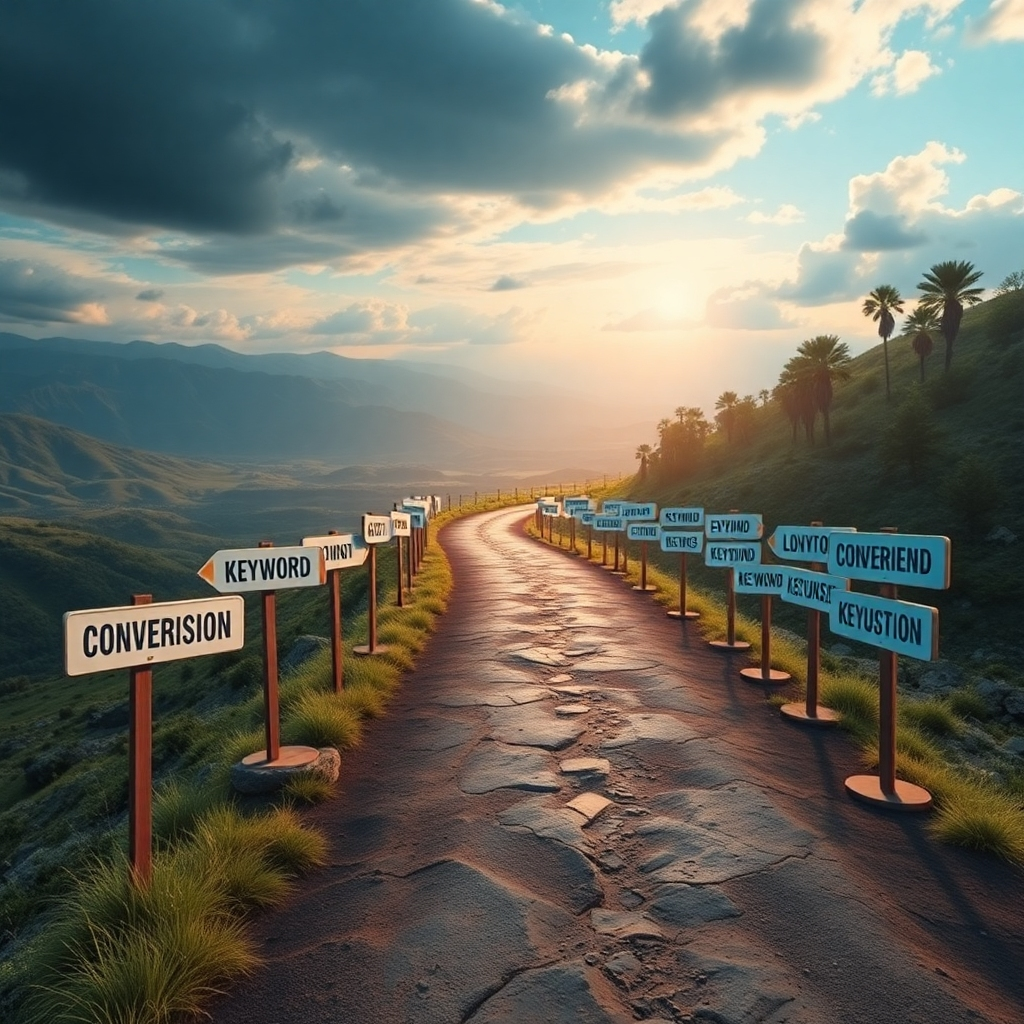 A conceptual image showing a path or a road made of long-tail keywords. Each keyword is represented on signposts along the road, leading towards a vibrant destination symbolizing conversion and success. The scenery around the path features varied landscapes, symbolizing diverse audiences.
