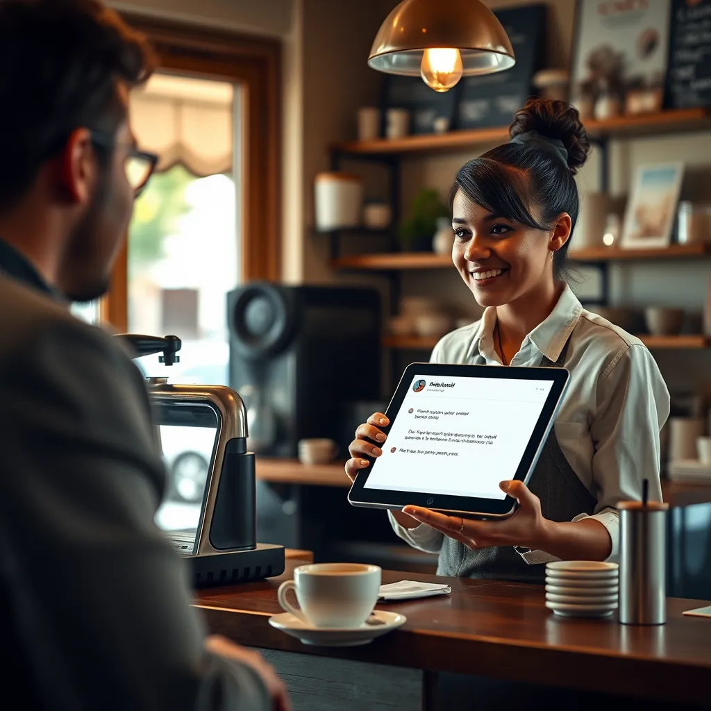 A cozy coffee shop setting with a friendly barista chatting with a customer at the counter. The scene captures a warm interaction, with visible personalized messages on a digital tablet that reflect customer preferences. Include coffee cups and a welcoming atmosphere.