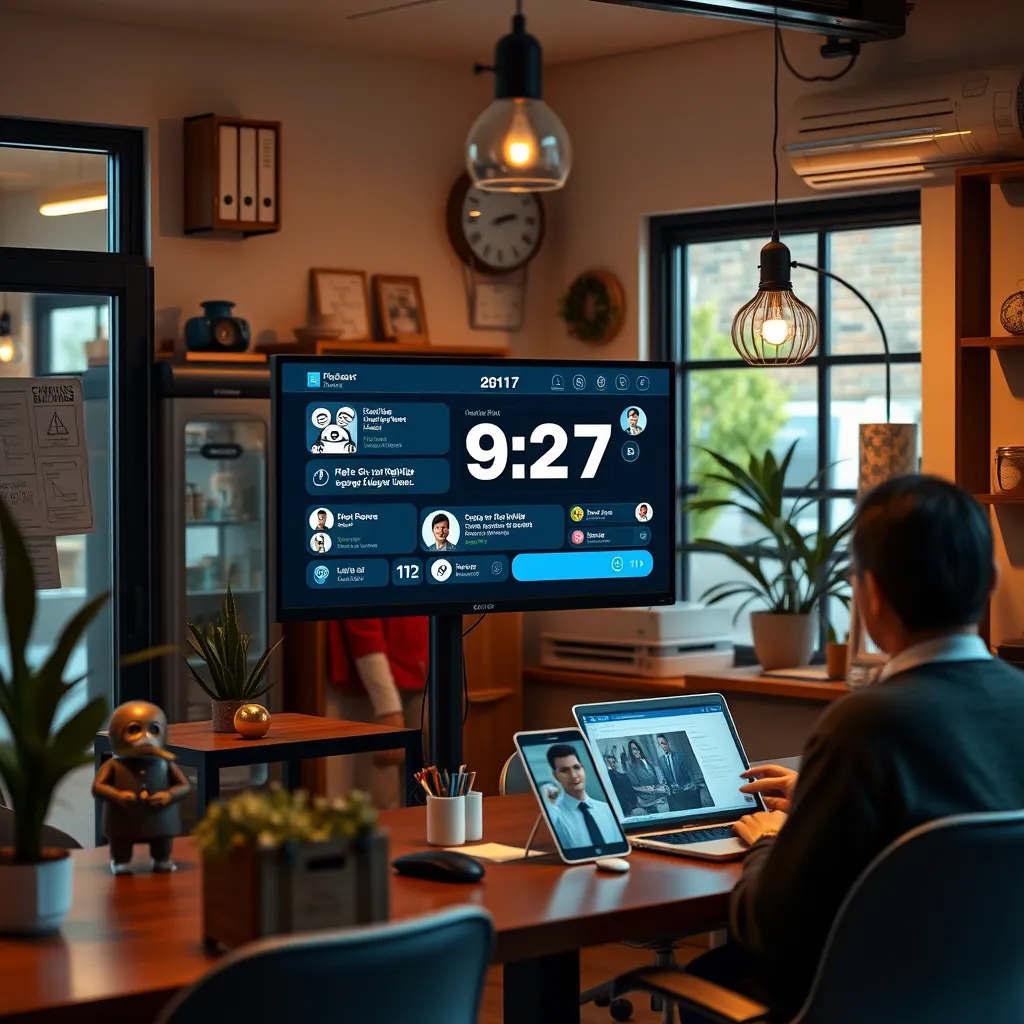 A cozy small business office with a chatbot interface displayed on a computer screen. The scene should show a clock indicating 24/7, with diverse customers seeking help through different devices, like smartphones and laptops, in a welcoming environment.