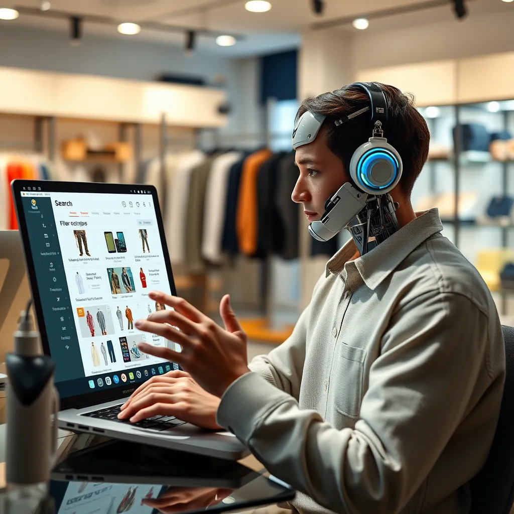 A customer engaging with a chatbot on a laptop while browsing an online store. The chatbot displays search options and filter categories on the screen, surrounded by an array of products like clothing and electronics, illustrating seamless navigation.