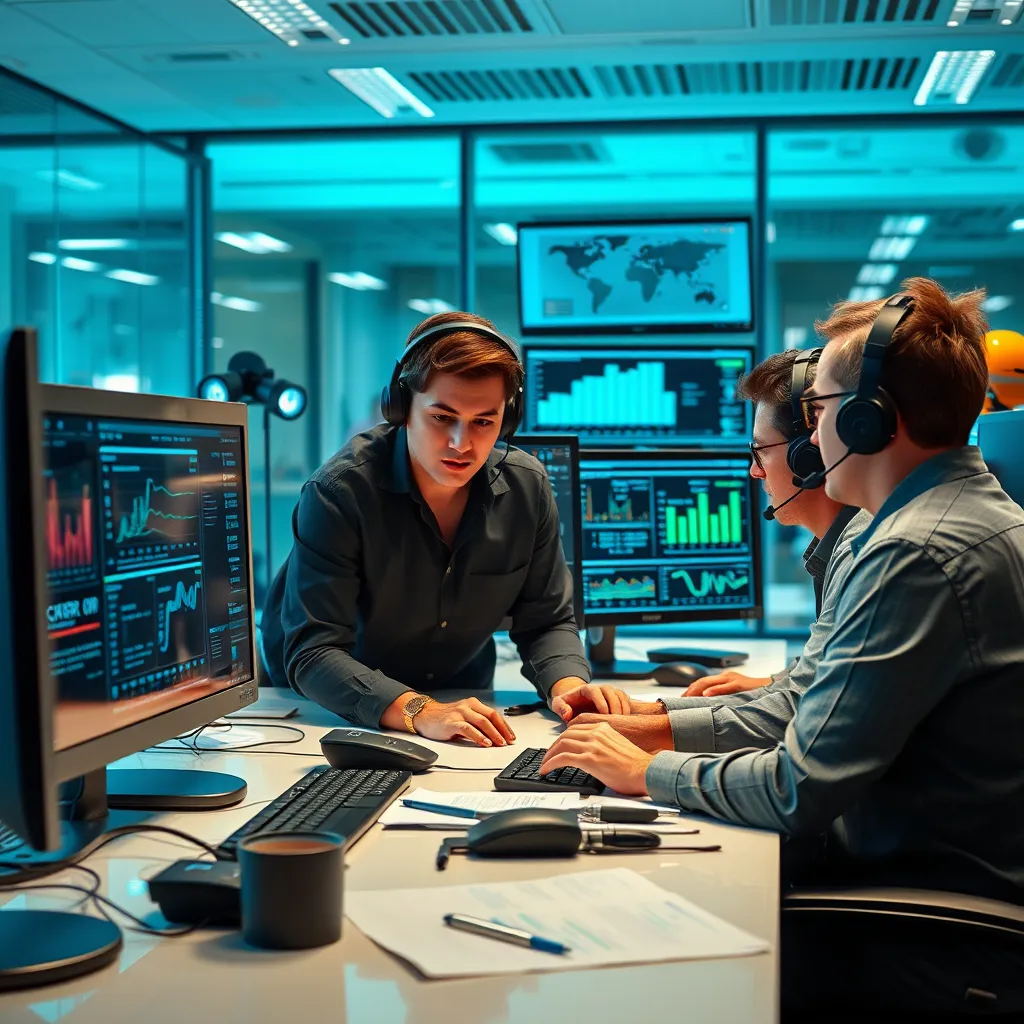 A customer support team working in a bright office, analyzing chatbot performance data on computer screens. Technicians are discussing and collaborating, surrounded by charts and technical documentation, reflecting teamwork and technology.