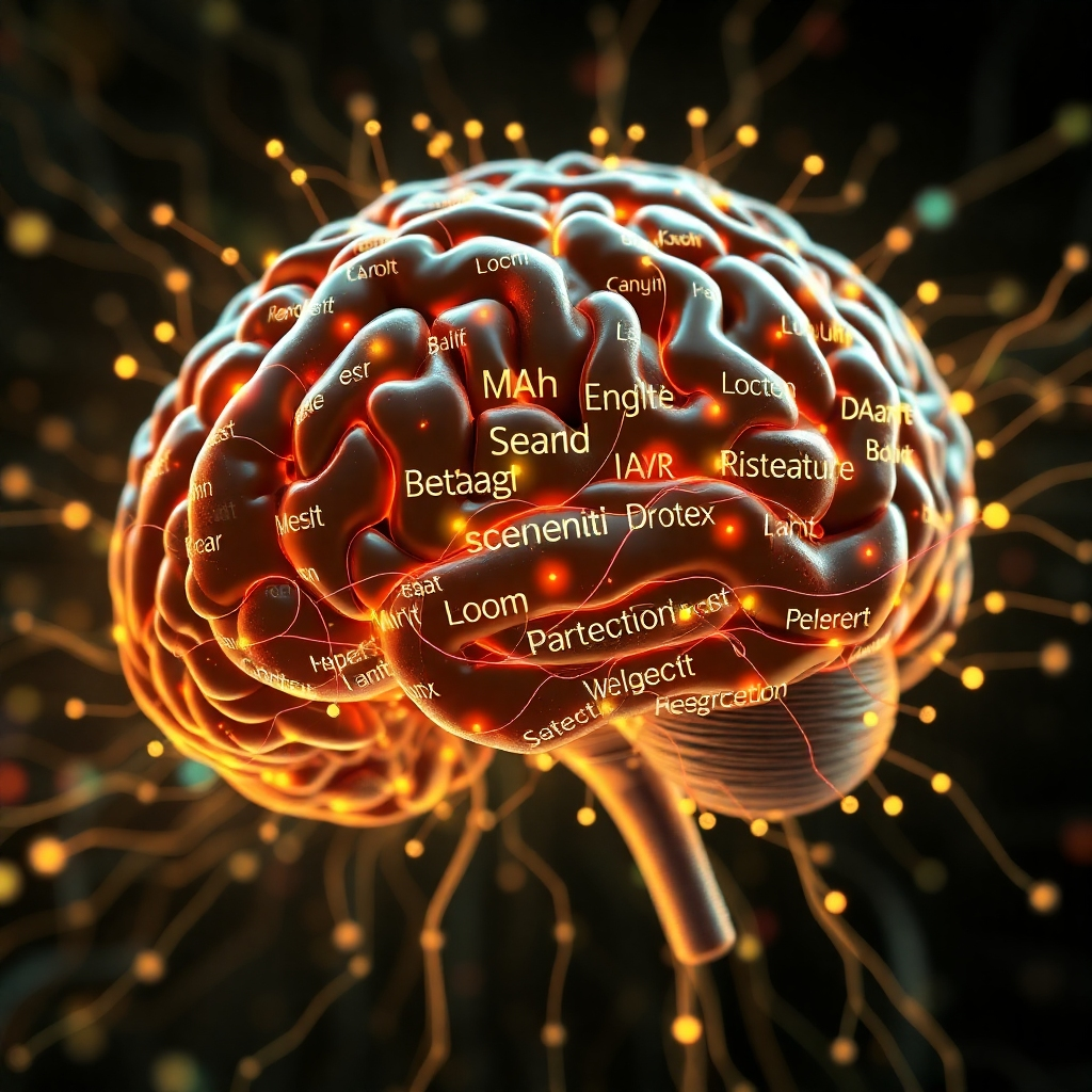 A detailed illustration of a search engine's brain depicted as a neural network, with semantic keywords flowing through it like data streams, symbolizing the processing of language and context.