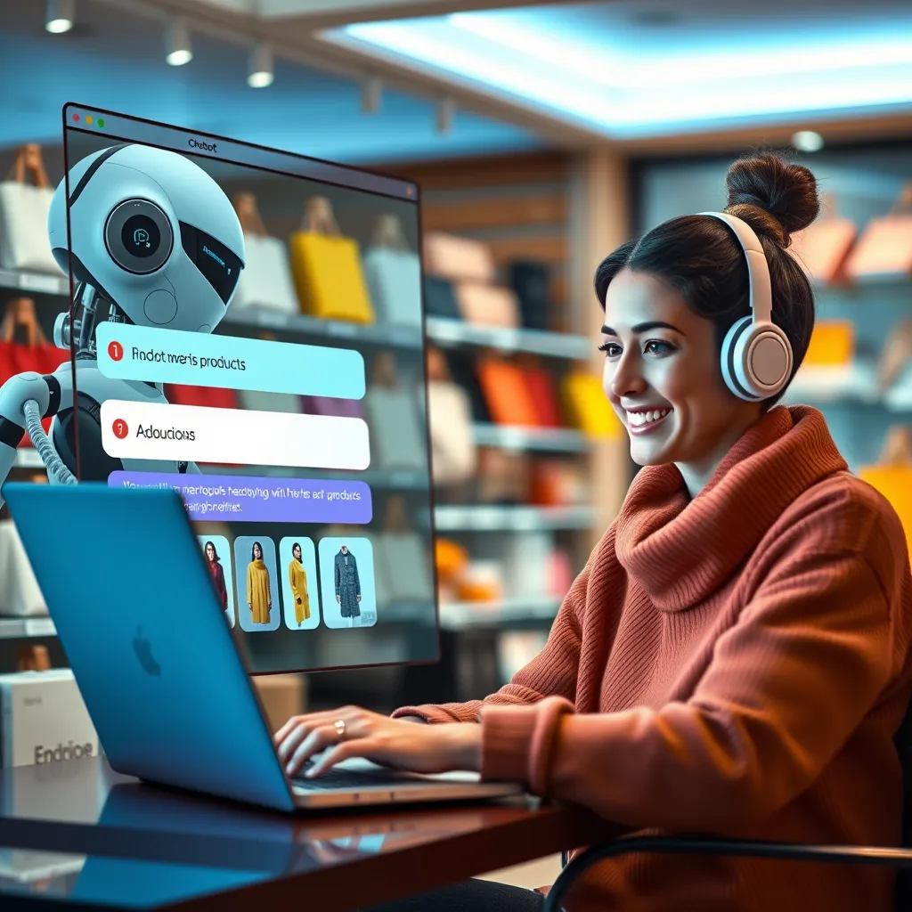 A detailed image portraying a chatbot helping a customer find products on an e-commerce website. The chatbot interface shows a search bar and responsive suggestions, while the customer, shown on a laptop, looks pleased. The background includes a visually appealing layout of products ready for shopping.