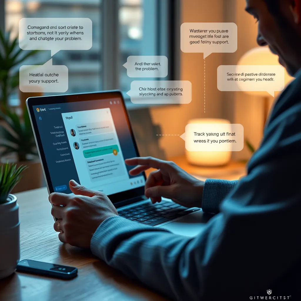 A detailed scene of a customer using a laptop with a chatbot interface open, actively solving a problem, surrounded by visually descriptive elements indicating satisfaction. Illustrate a conversational flow where a customer receives quick and effective support, highlighting key features of the chatbot.