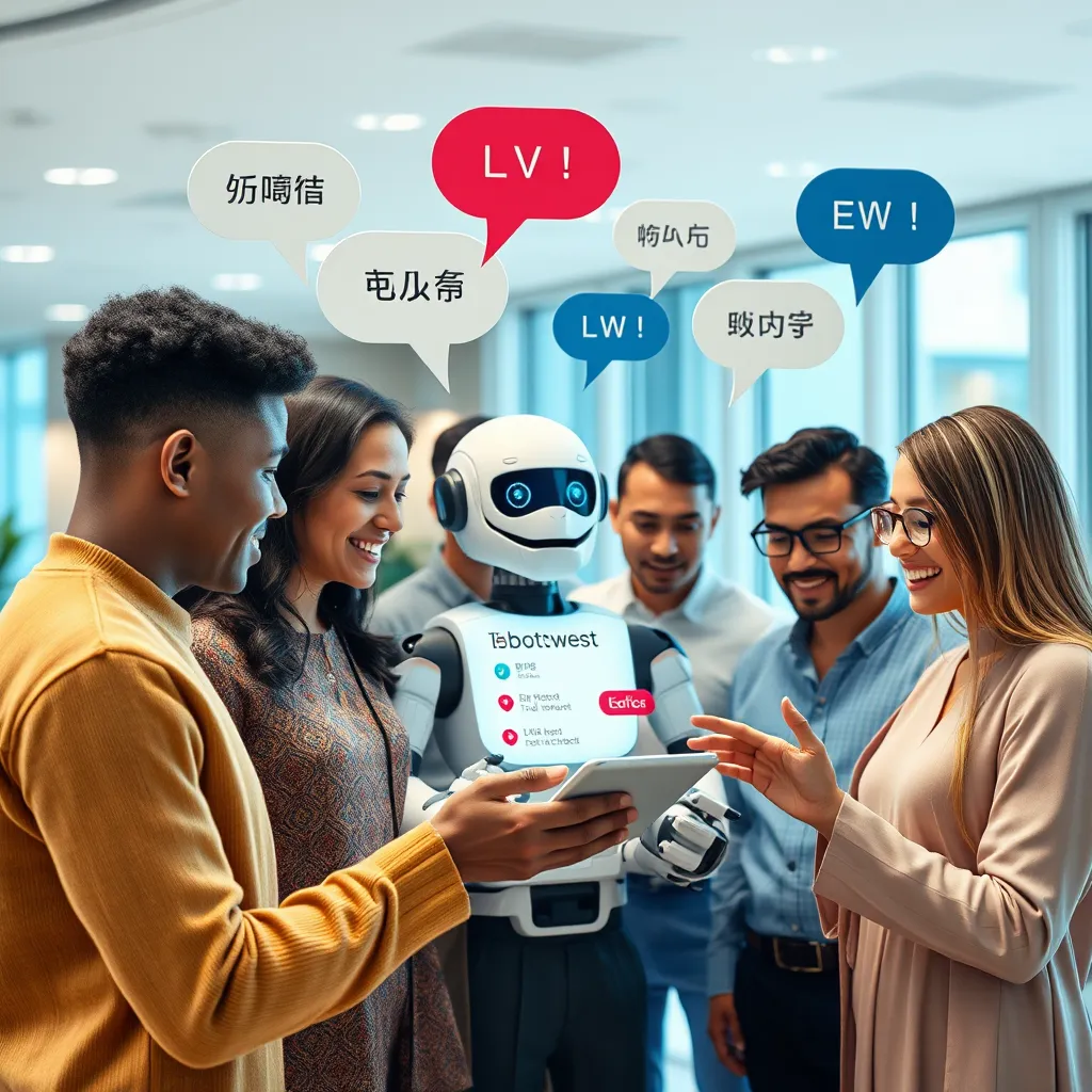A diverse group of people from different ethnic backgrounds interacting with a friendly chatbot on a digital device. The setting is a bright, inviting office environment, with speech bubbles in various languages floating around, symbolizing multilingual communication.