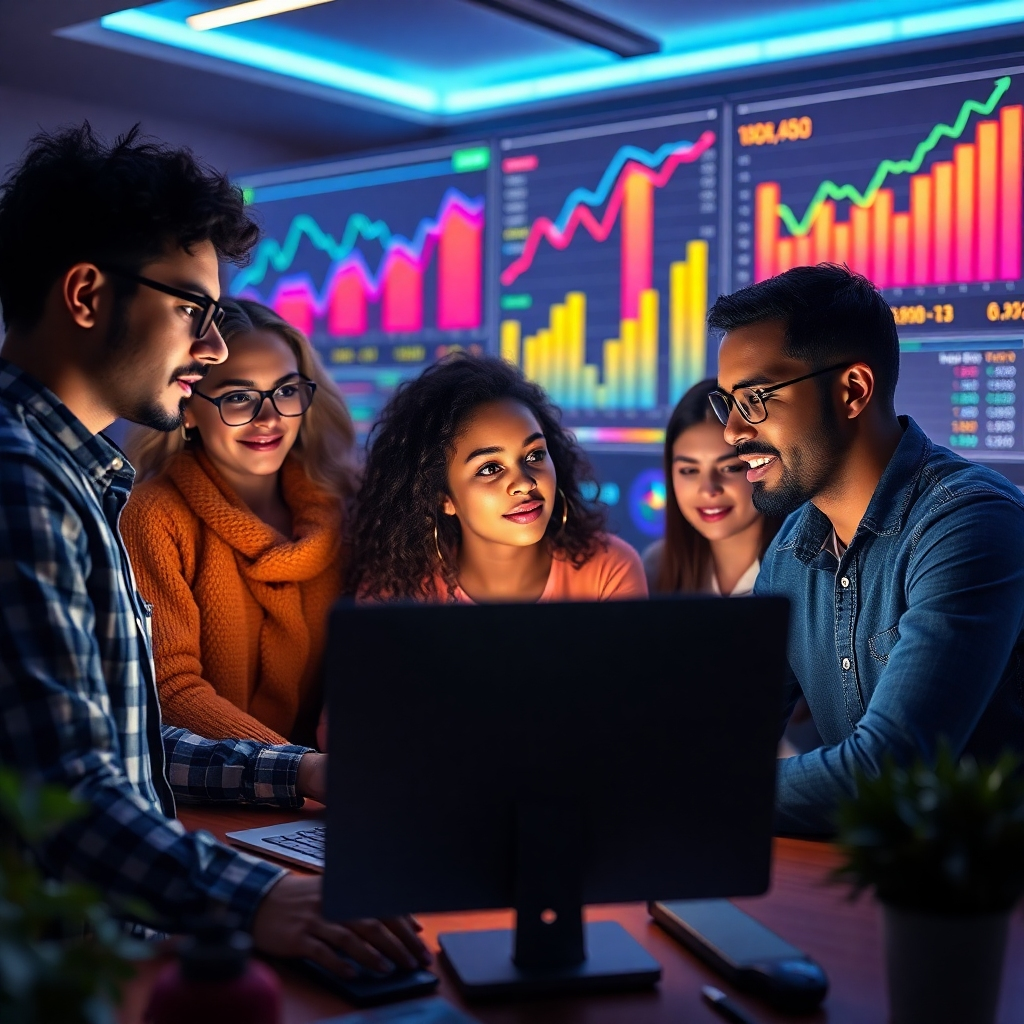 A focused group of diverse individuals engaging with a computer, surrounded by colorful charts and graphs showing upward trends in targeted traffic. The environment should exude a sense of marketing ingenuity, with subtle hints of digital element overlaying the scene.