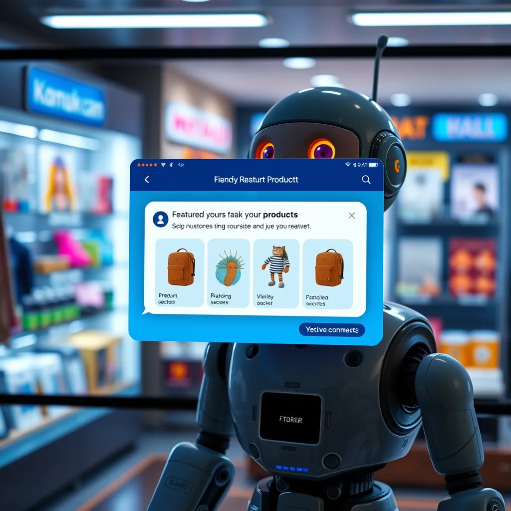 A friendly chatbot interface on an e-commerce website, showcasing featured products, with pop-up suggestions tailored to a user. The background displays a vibrant online store with diverse products, emphasizing interaction and user engagement.