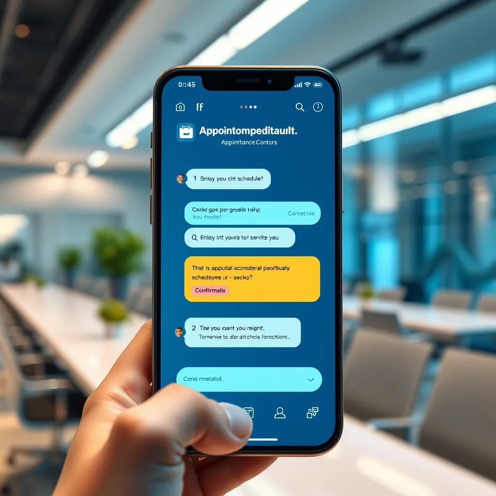 A futuristic chatbot interface on a mobile phone screen, displaying a user-friendly appointment scheduling system. Include elements like calendar icons, clock symbols, and confirmation messages, set in a sleek office environment to emphasize productivity.