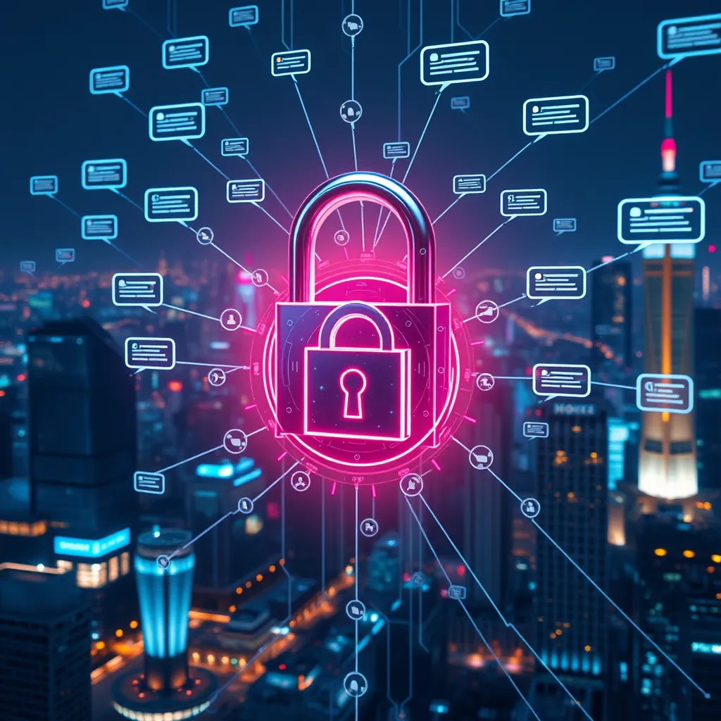 A futuristic digital lock symbolizing security, surrounded by a network of chatbots emitting data streams, set against a high-tech backdrop of a city skyline at night. The scene conveys a sense of technological advancement and data protection.