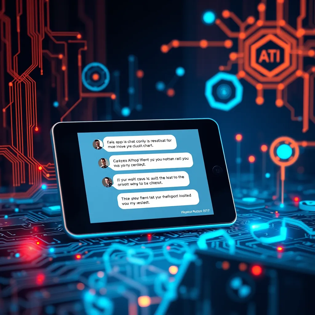 A high-quality, photorealistic representation of a chatbot interface on a digital device, surrounded by visual elements indicating AI and technology, such as circuit patterns and abstract data flow graphics, conveying the concept of conversation between a user and a chatbot.