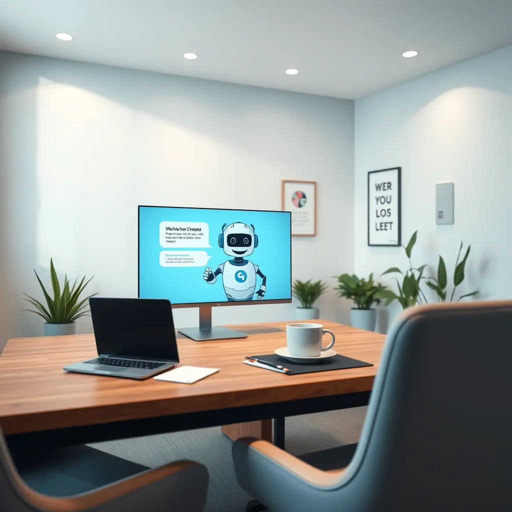 A modern, sleek workspace featuring a friendly, animated chatbot on a digital screen. The room is filled with soft diffused lighting creating a welcoming atmosphere. The color palette includes calming blues and whites. The camera angle is slightly elevated, capturing the chatbot on the screen alongside a laptop, notepads, and coffee mugs on a wooden desk. Textures include the smooth glass of the screen and the cozy fabric of the chairs. In the background, there are some potted plants and motivational posters. The overall mood is inviting and informative, in the style of hyperrealistic digital art. Rendered in 8K resolution, ultra-detailed.