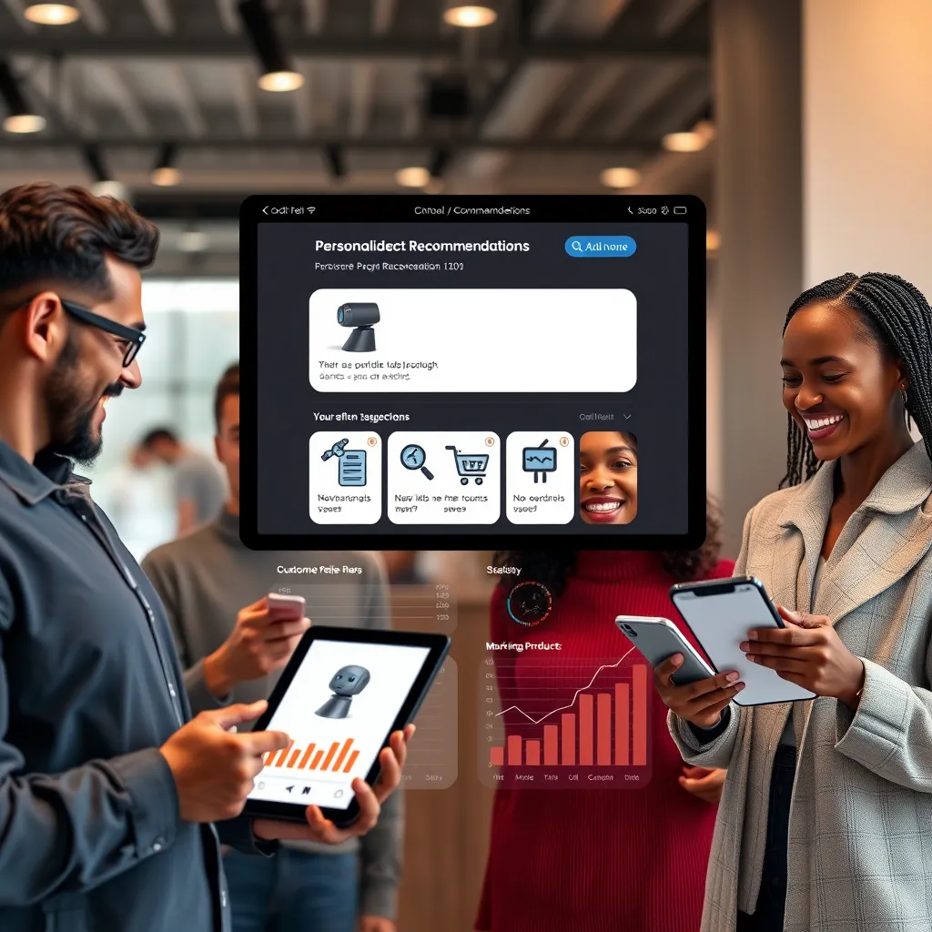 A modern, stylish e-commerce interface displaying personalized product recommendations from a chatbot. Show a diverse group of individuals happily receiving customized product suggestions on their tablets and phones. Include visual graphs indicating customer preferences and trends.