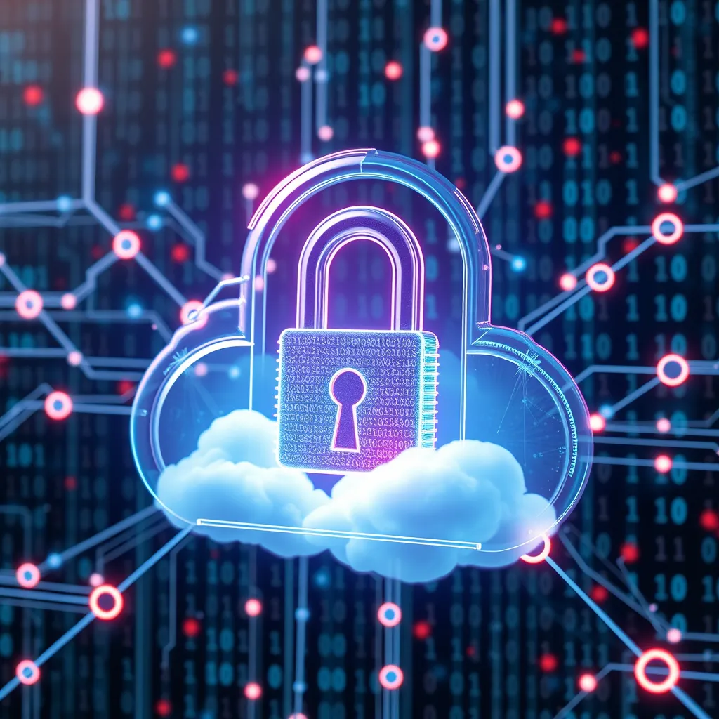 A modern digital lock encased in a virtual cloud, symbolizing data encryption. The background features streams of binary code and interconnected nodes, emphasizing secure data transmission. The image should highlight the concept of privacy in a vibrant tech environment.