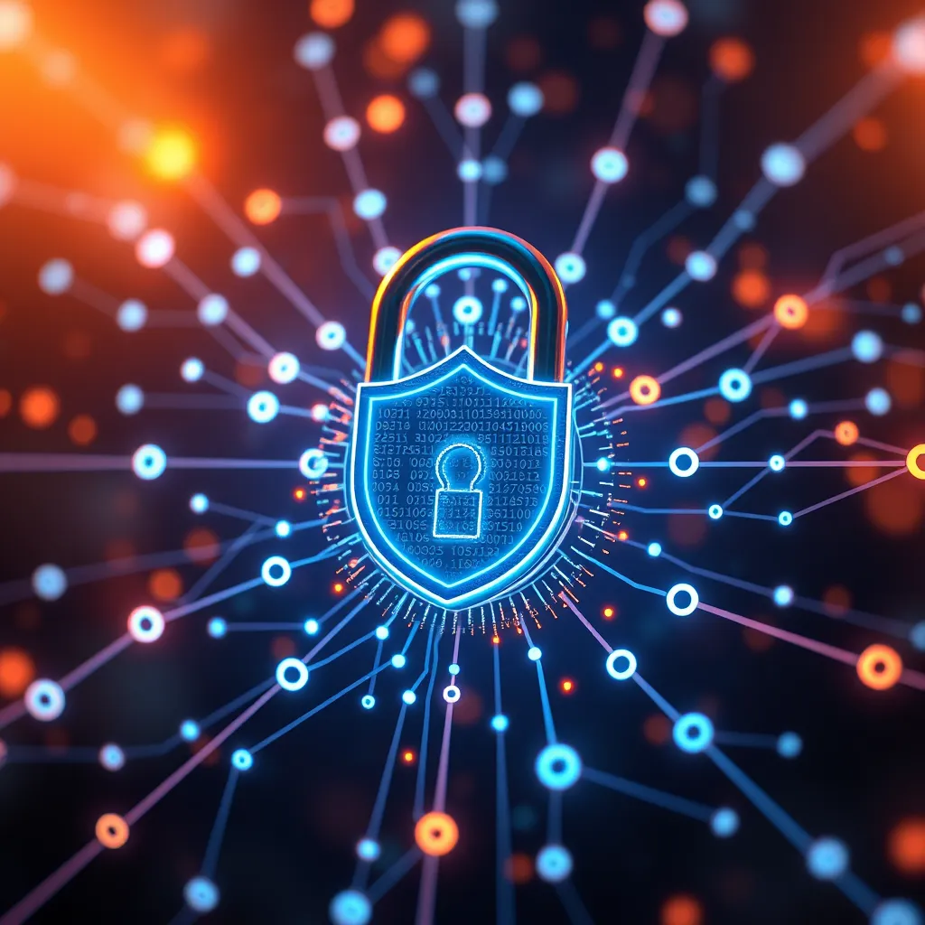 A modern digital lock symbolizing data security, surrounded by a glowing network of interconnected nodes representing data flow. Include visual elements like a shield, padlock, and encryption codes in the background, creating a sense of high-tech security.