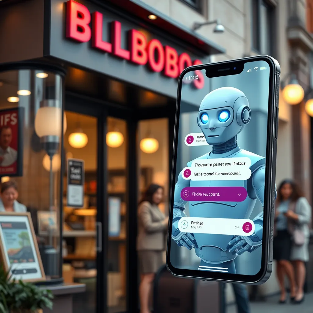 A photorealistic image depicting a small business storefront with a virtual chatbot appearing on a smartphone. The background shows happy customers interacting with the business, symbolizing efficiency and ease of access to information through technology.